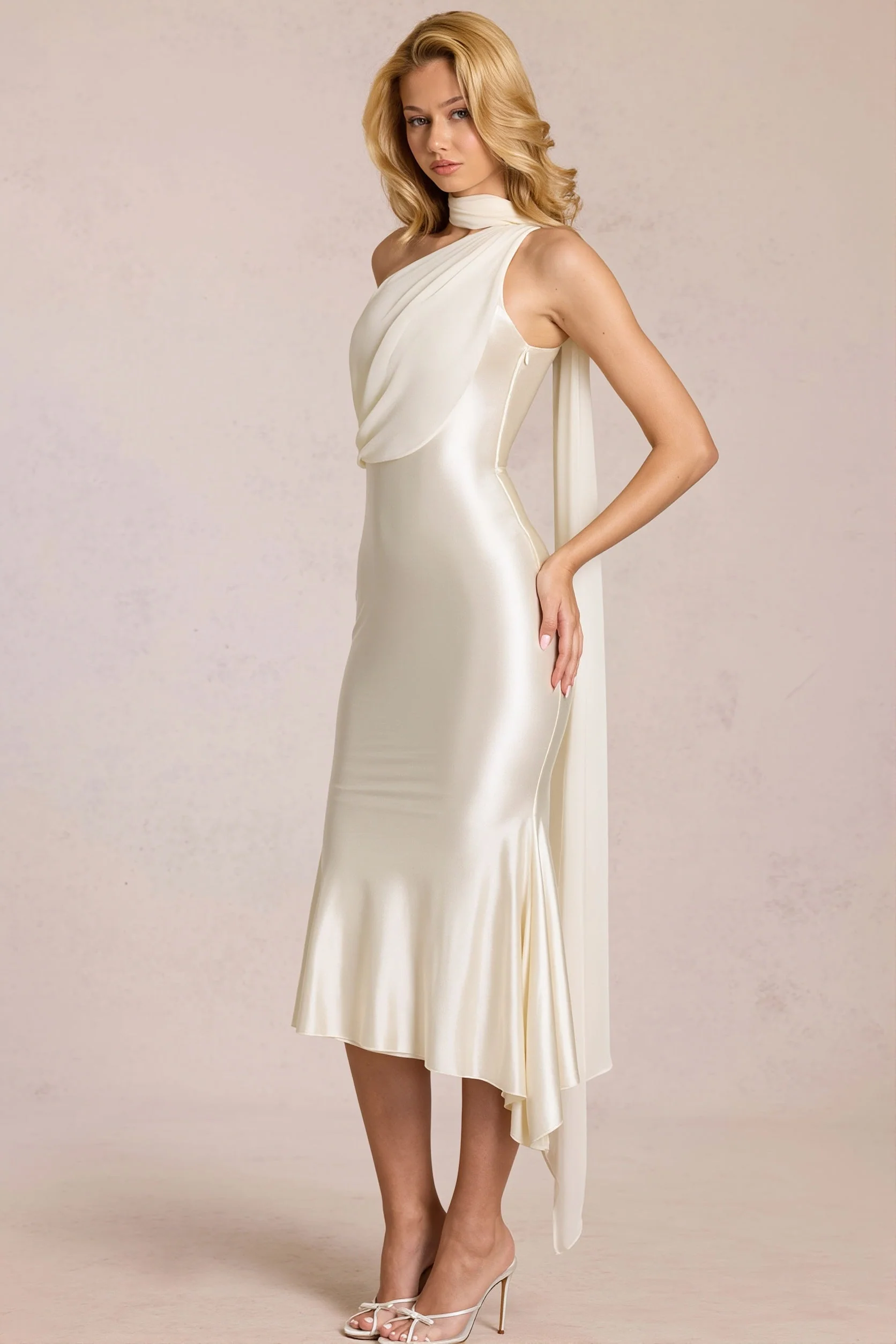 One Shoulder Mesh Satin Maxi Dress - Image 7