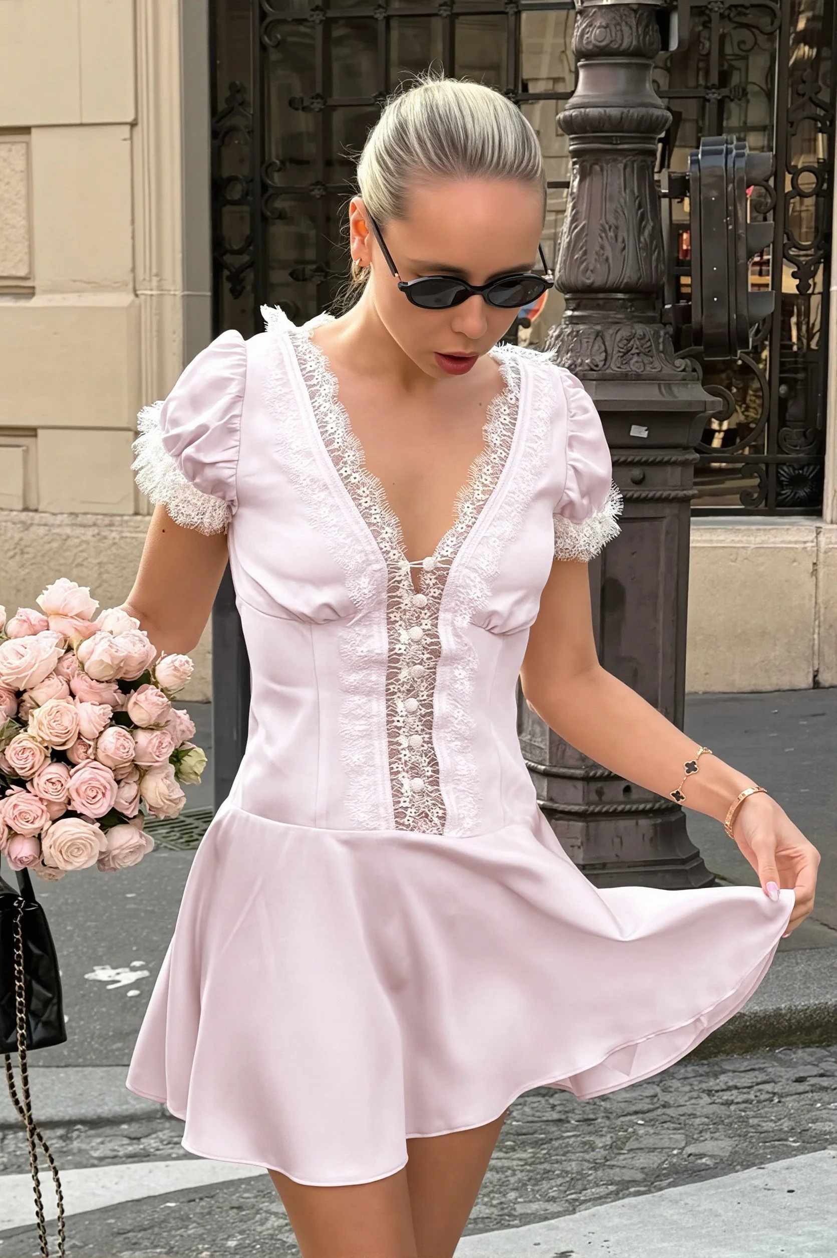 Pink Satin Lace Puff Sleeve Mini Dress - Image 3