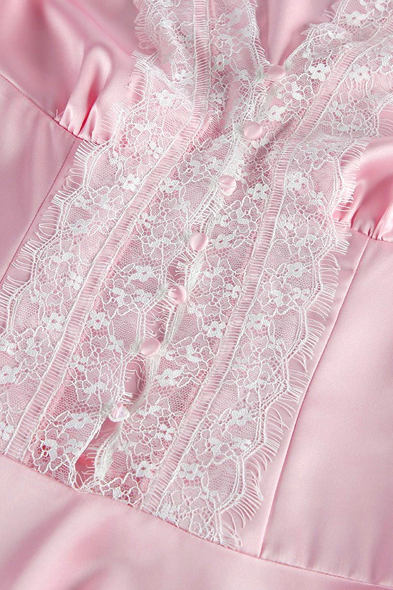 Pink Satin Lace Puff Sleeve Mini Dress - Image 6