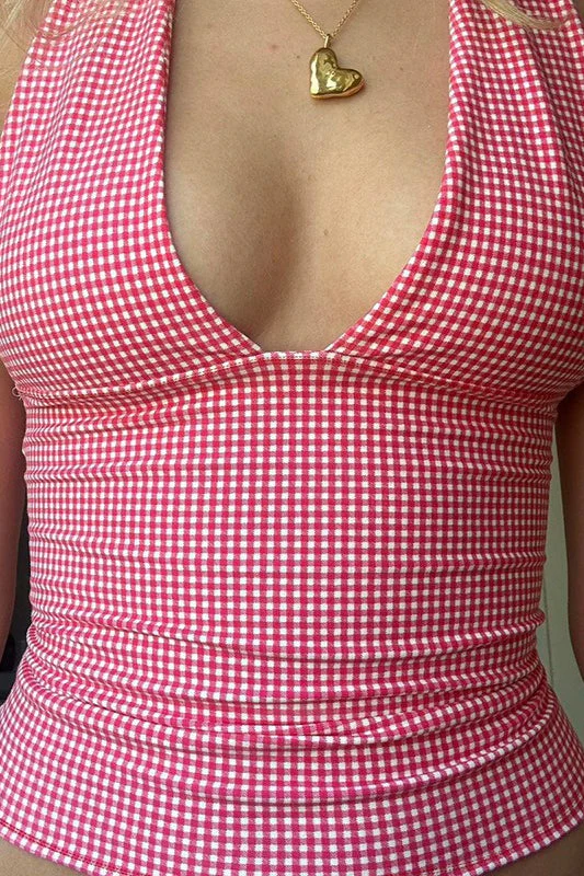 Plaid Deep V Tie Waist Halter Top - Image 2