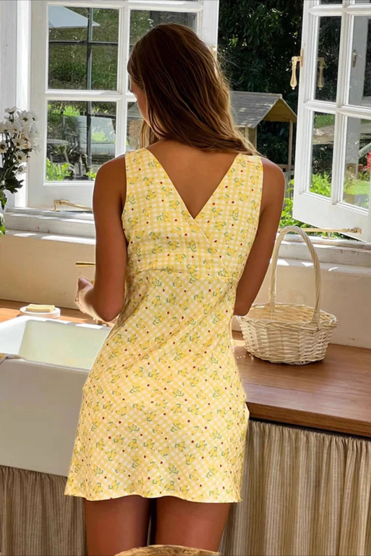 Plaid Floral Print V Neck A Line Mini Dress - Image 3