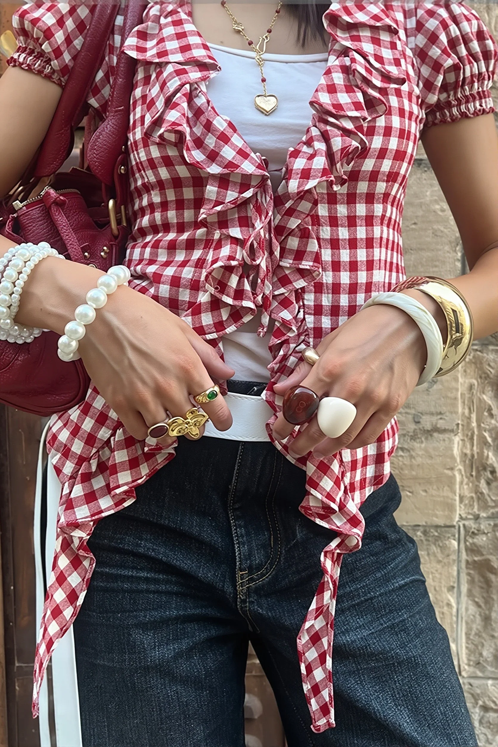 Plaid Ruffle Waist Puff Sleeve Blouse - Image 2