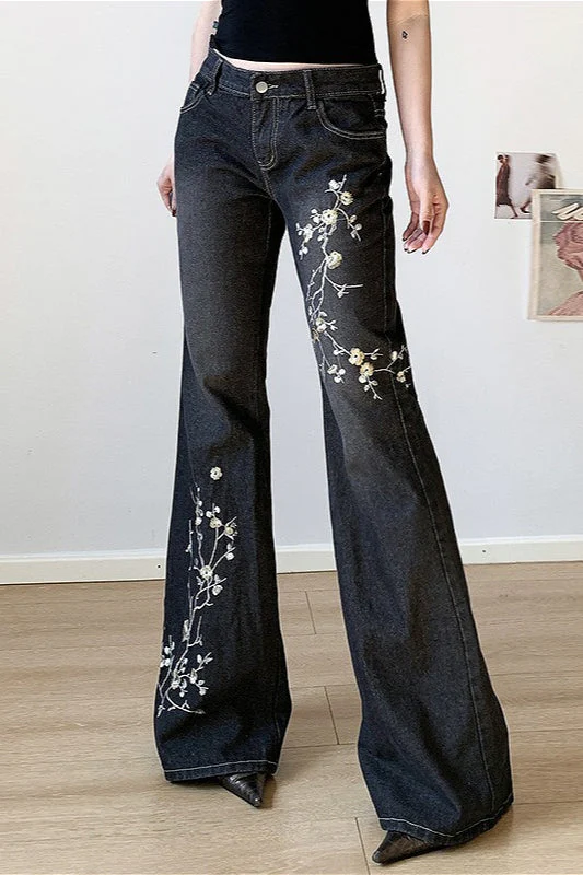Plant Embroidered Low Waist Flare Jeans - Image 2