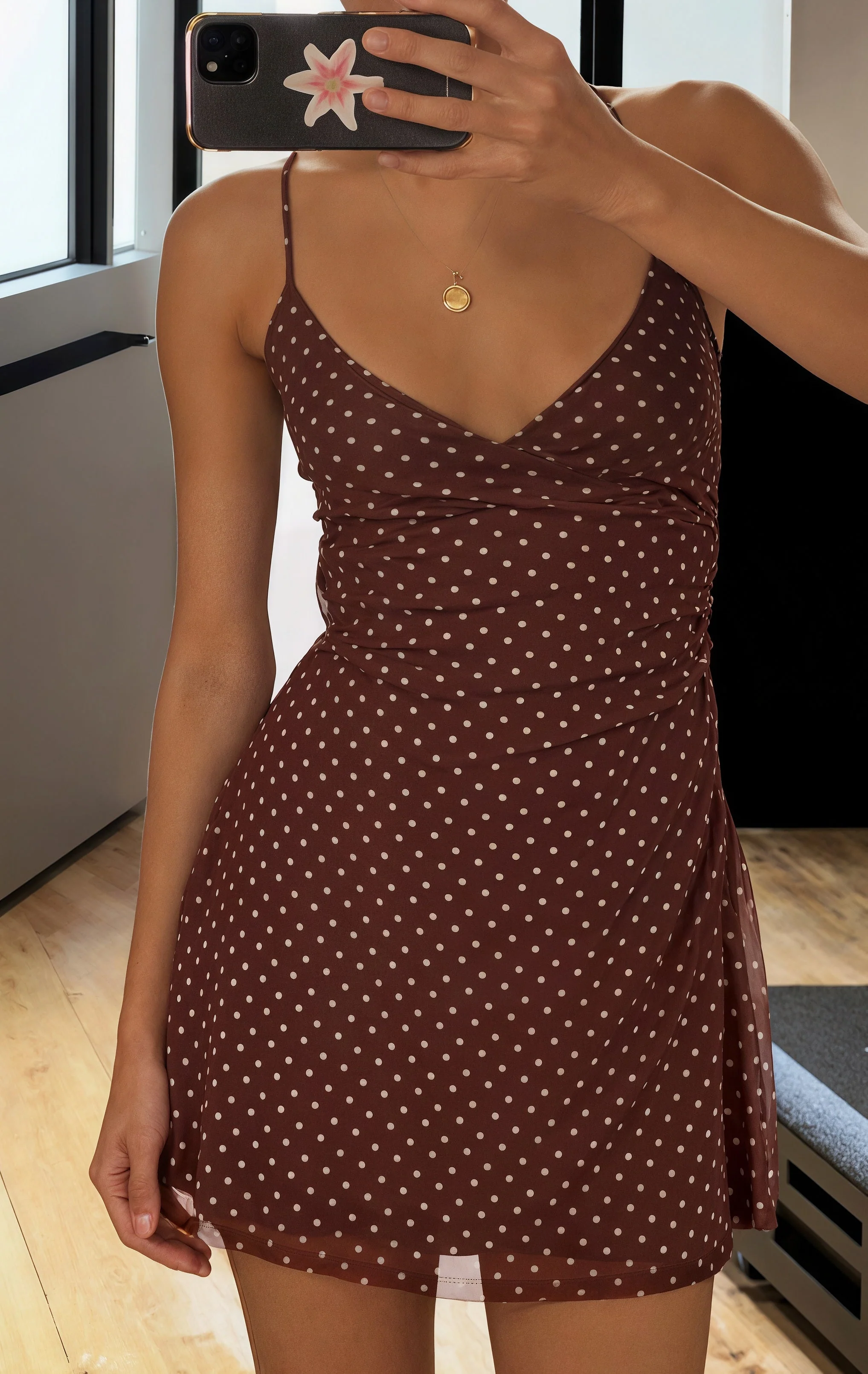 Polka Dot Contrast V Neck A Line Mini Dress - Image 3