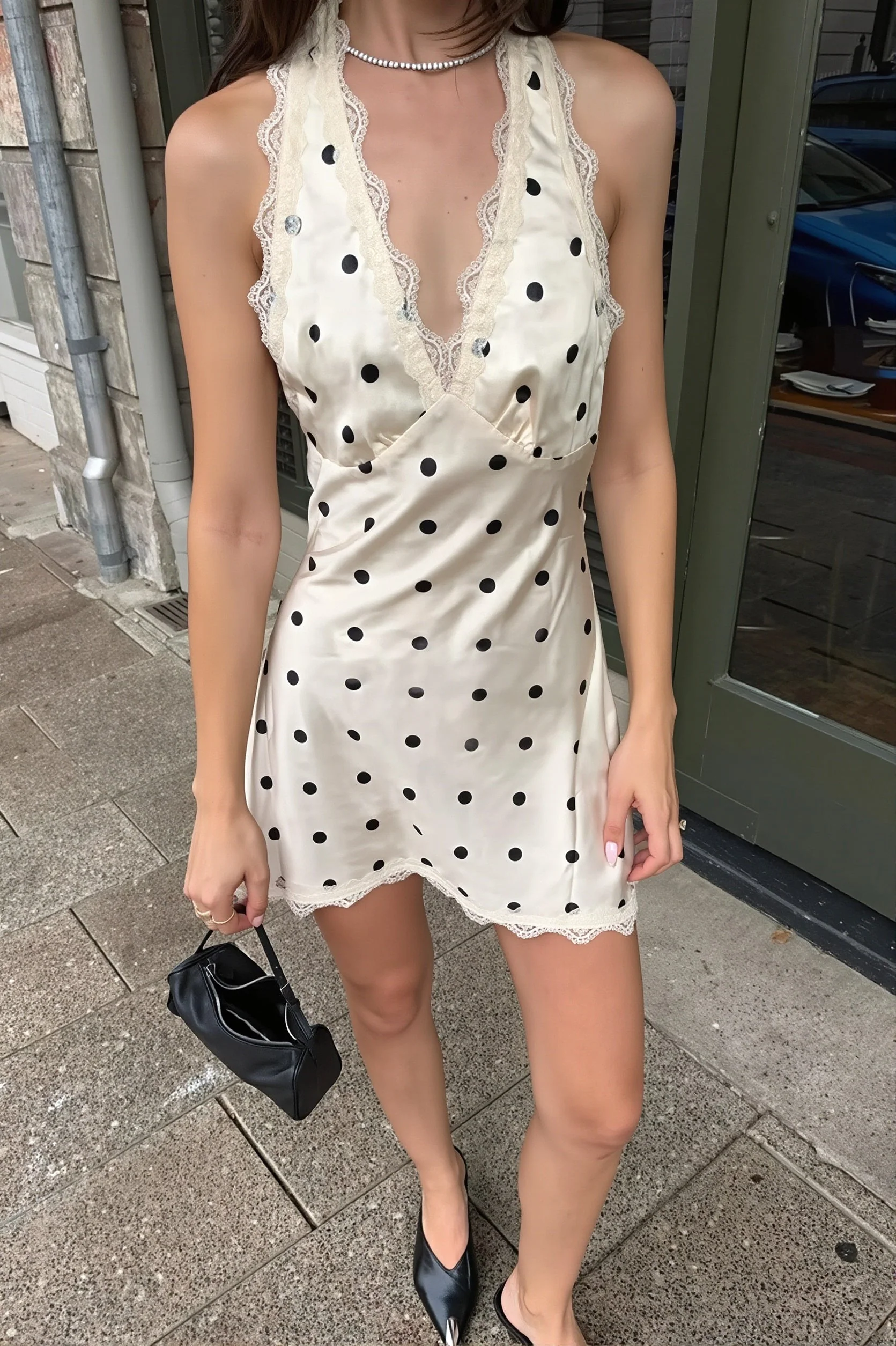 Polka Dot Lace Trim Halter V Neck Mini Dress - Image 3