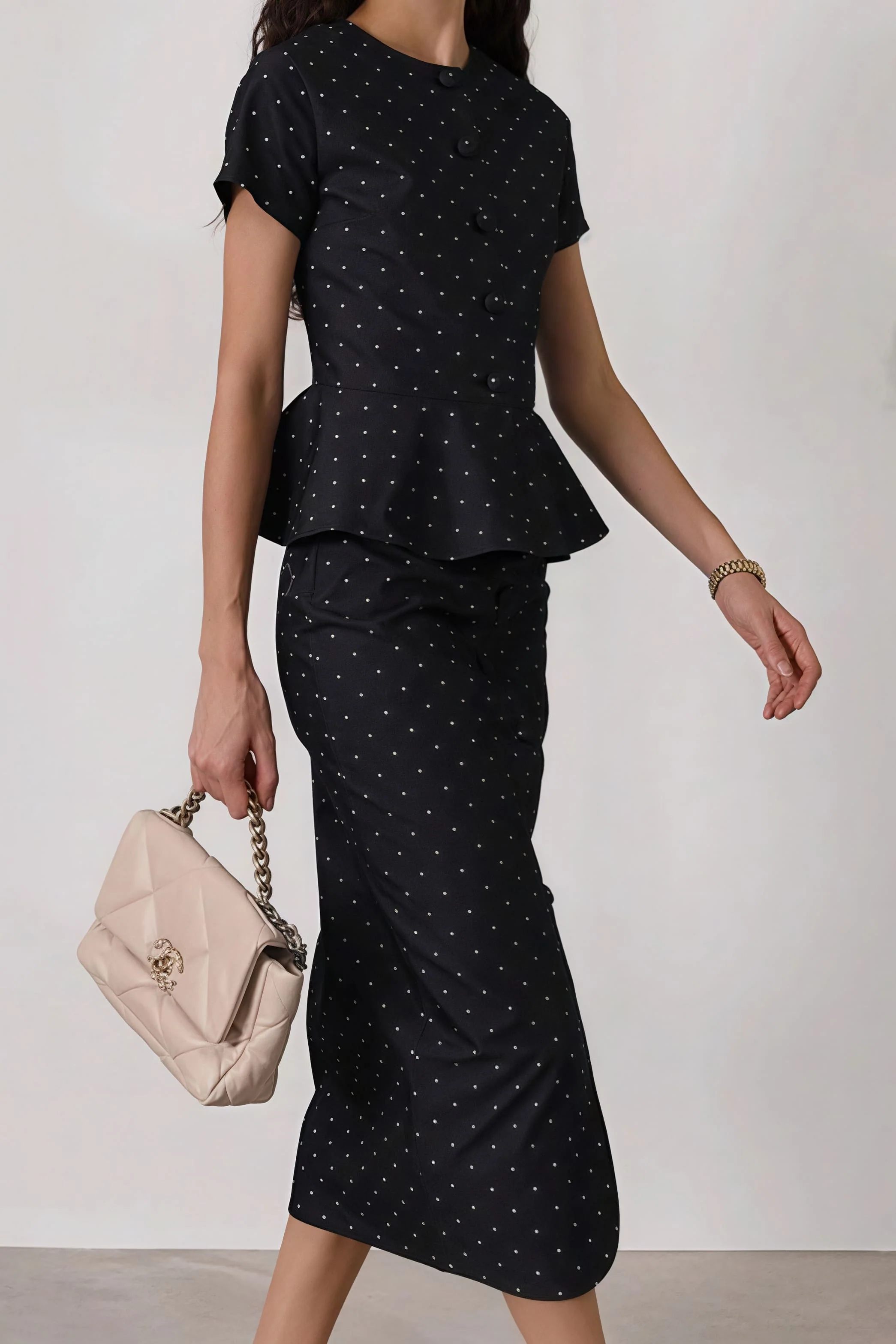 Polka Dot Print Short Sleeve Bodycon Skirt Set - Image 3