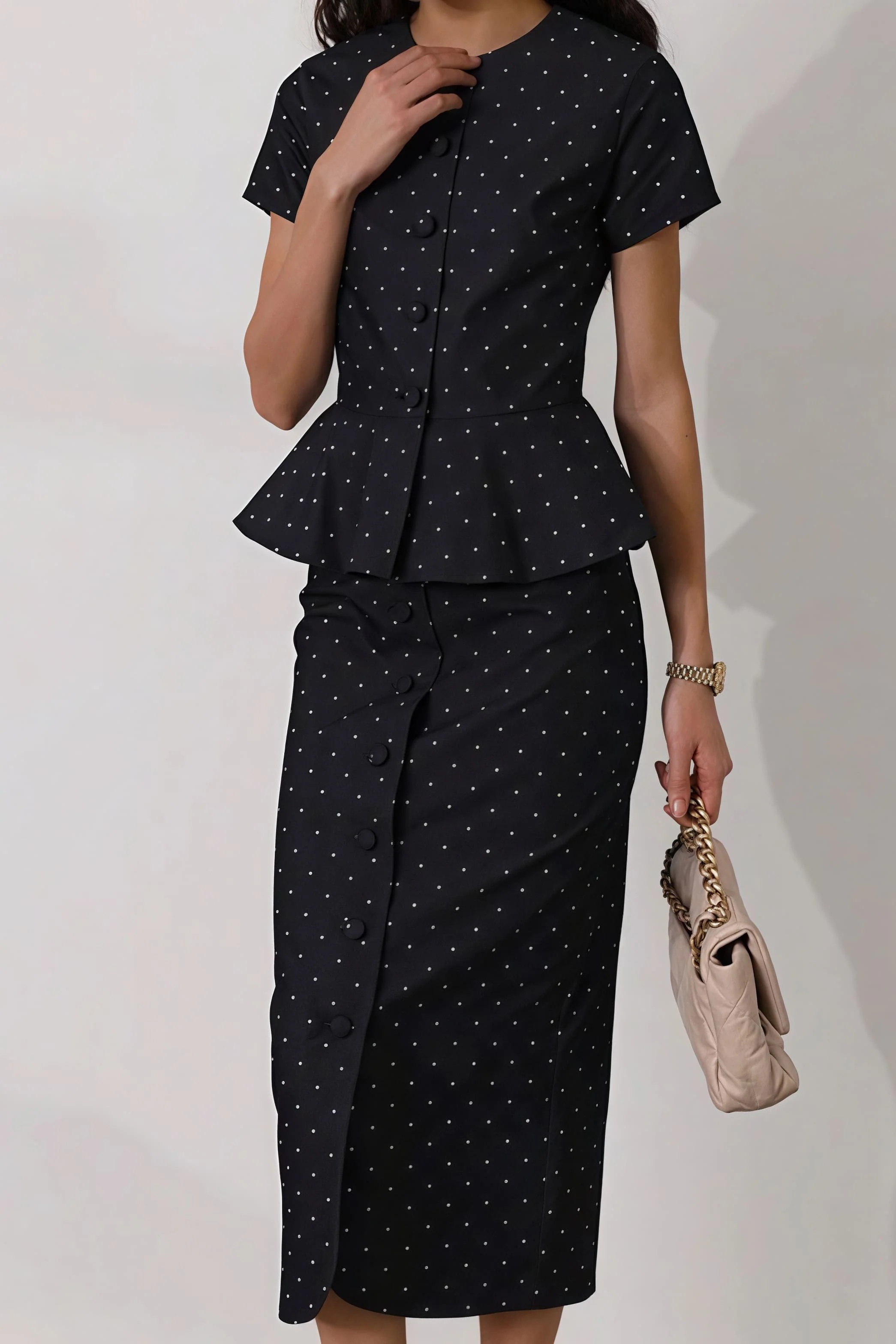 Polka Dot Print Short Sleeve Bodycon Skirt Set - Image 4
