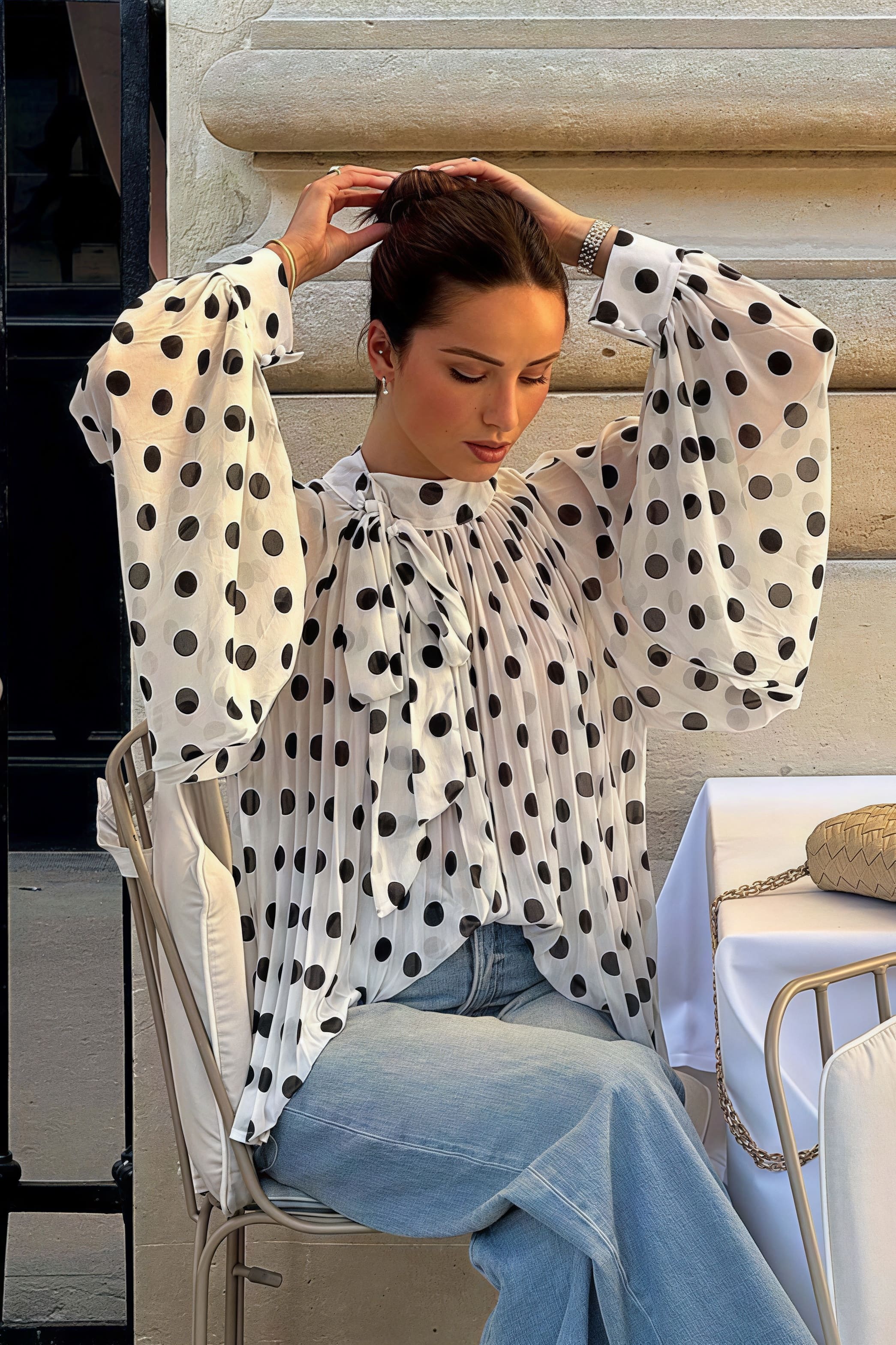 Polka Dot Tie Sheer Lantern Sleeve Blouse - Image 3