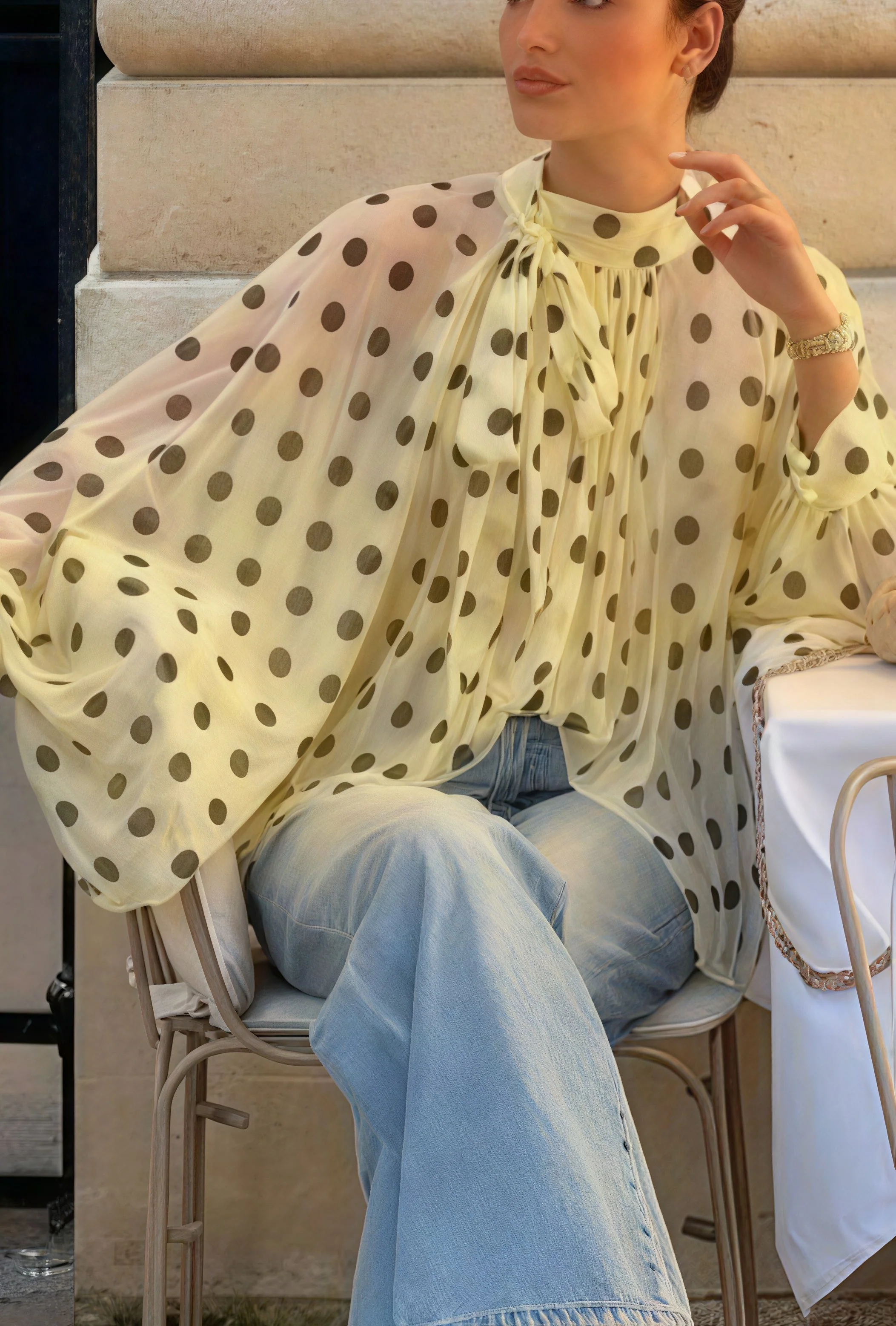 Polka Dot Tie Sheer Lantern Sleeve Blouse - Image 4