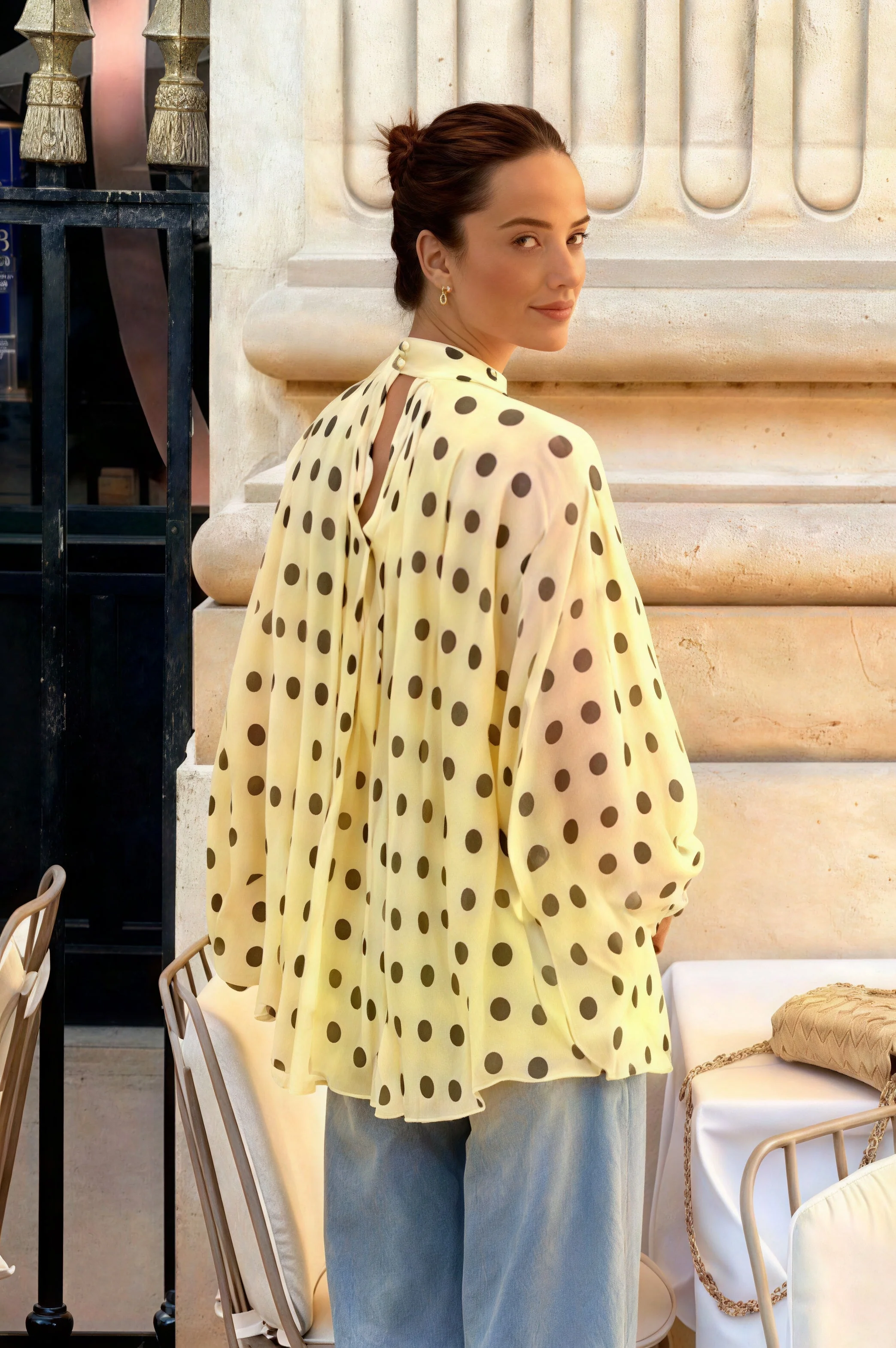 Polka Dot Tie Sheer Lantern Sleeve Blouse - Image 5
