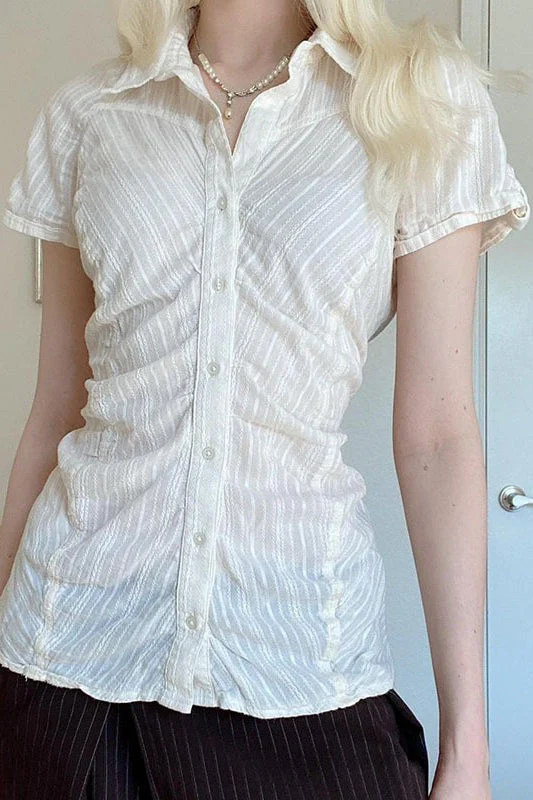 Polo Collar Ruched Slim Texture White Blouse