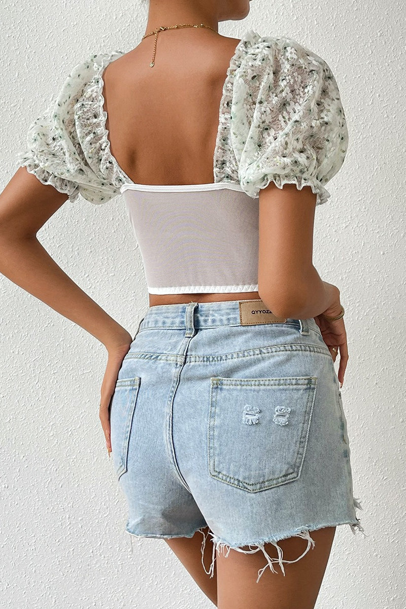 Printed Button Front Low Cut Backless Blouse - Image 4