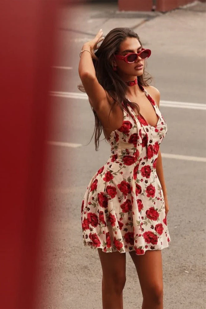 Printed Halter Backless Slim Mini Dress - Image 7