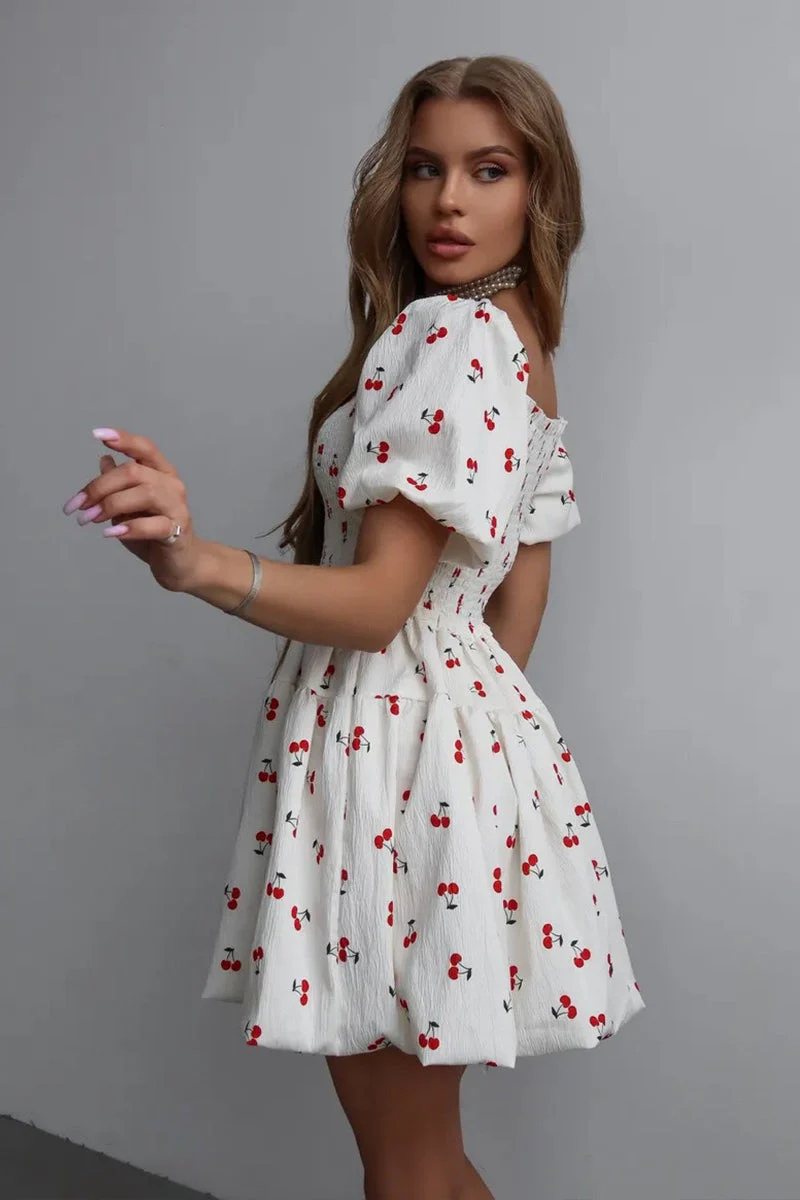Printed Puff Sleeve Waist Slim Mini Dress - Image 3
