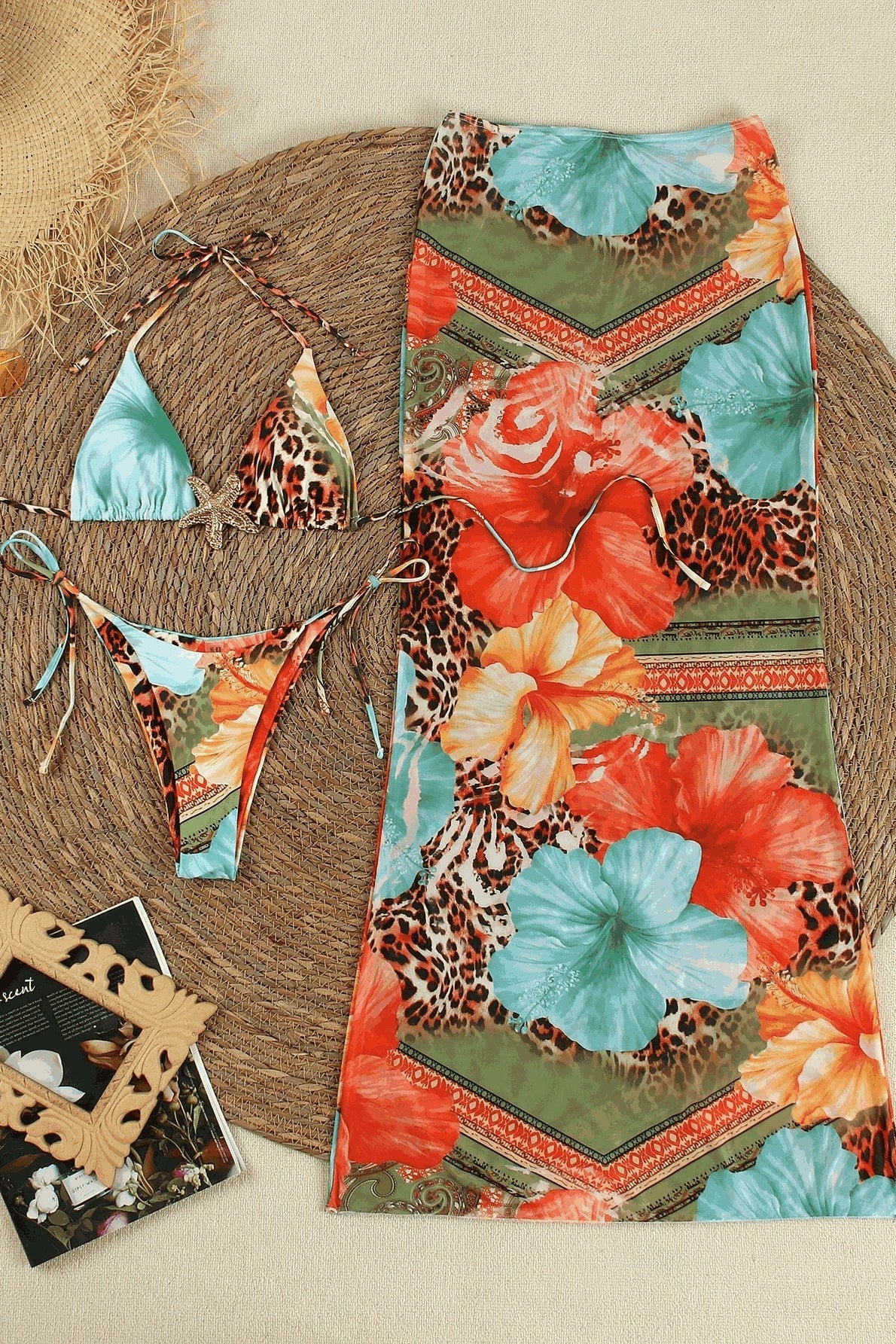 Printed Triangle Cup Quick Dry Three Piece Swim Set - Image 5