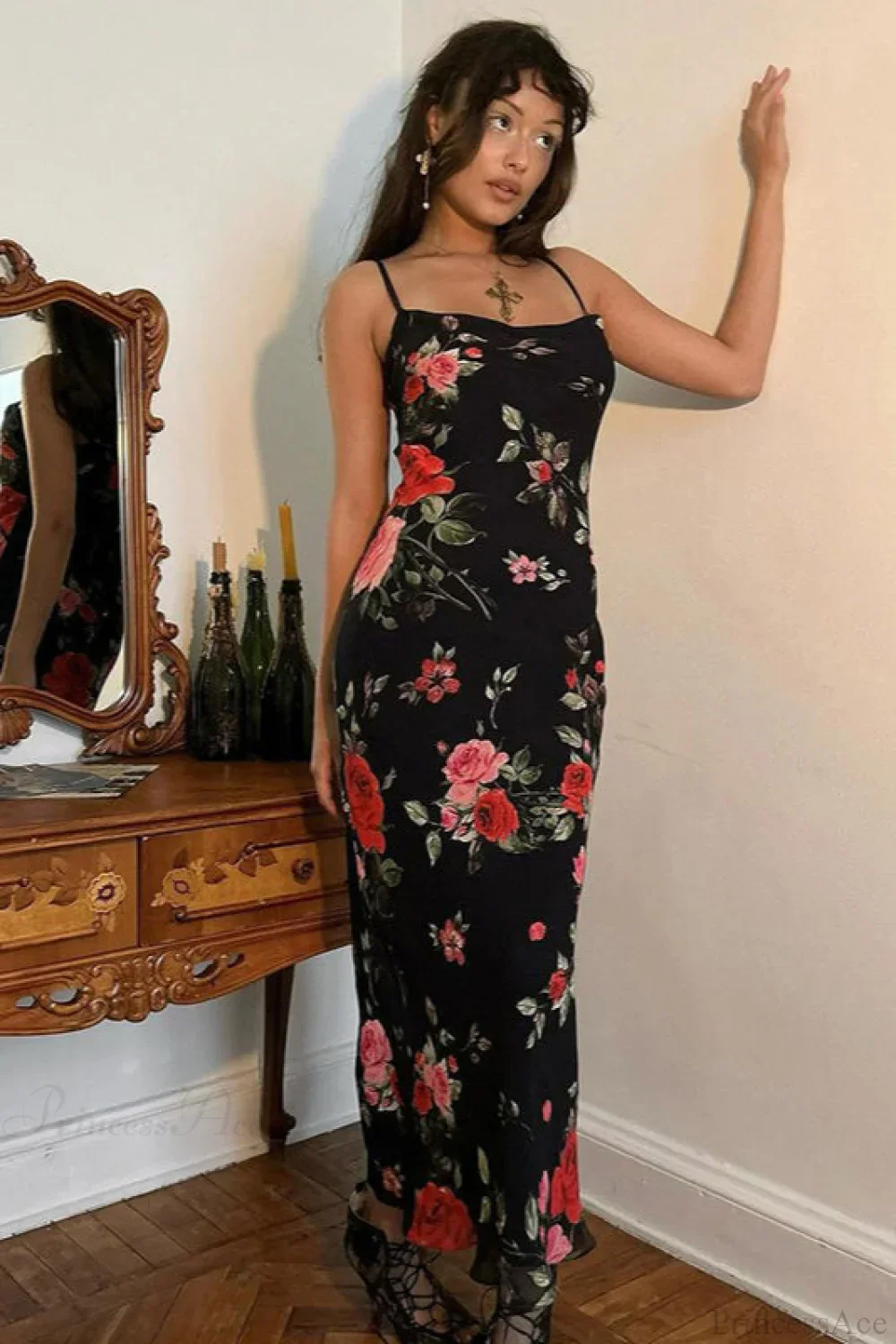 Retro Floral Cami Fitted Bodycon Maxi Dress - Image 2