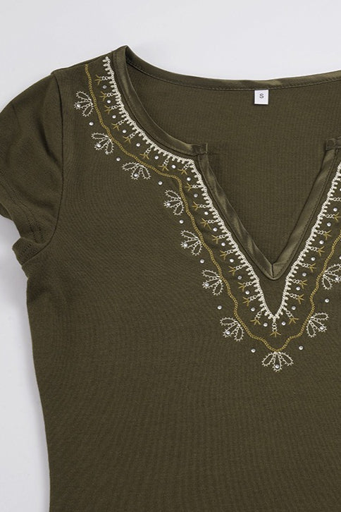 Retro V Neck Embroidered Knit Blouse - Image 6