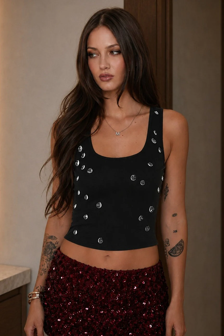 Rhinestone Beaded Crop Tank Top - Image 5