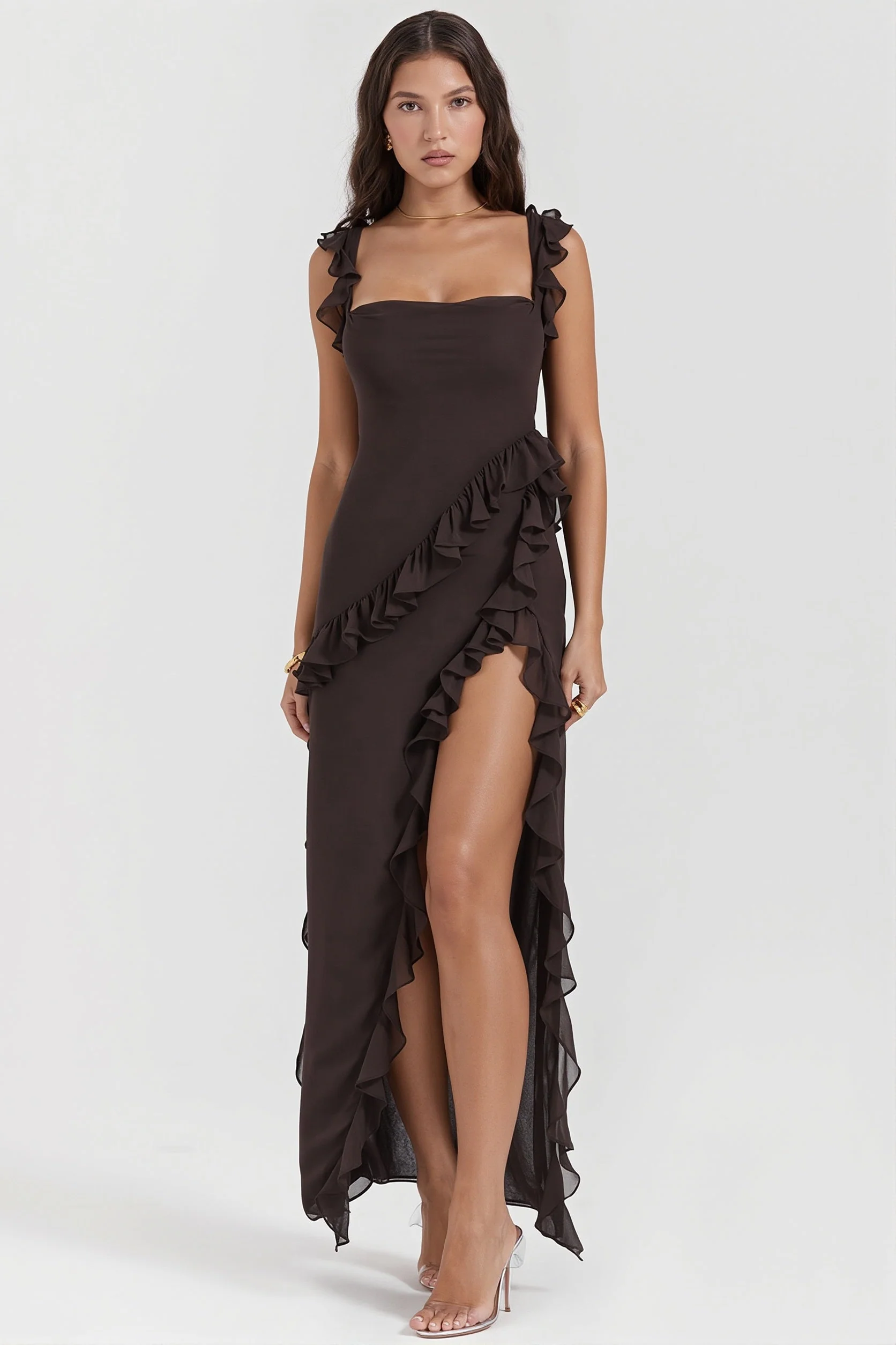 Ribbon Ruffle Splice Slit Maxi Dress - Image 8