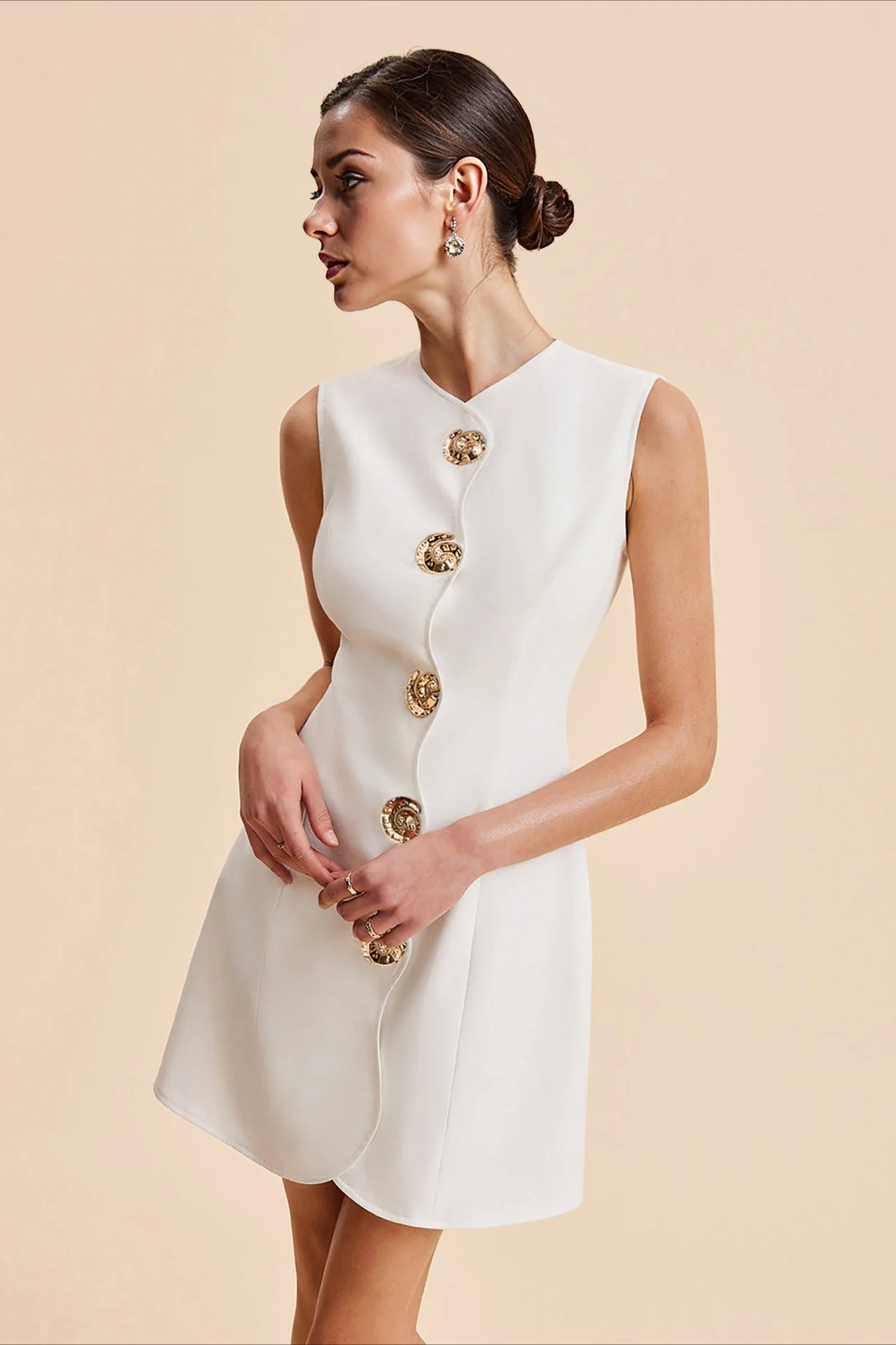 Round Neck Buttoned Solid Mini Dress - Image 2