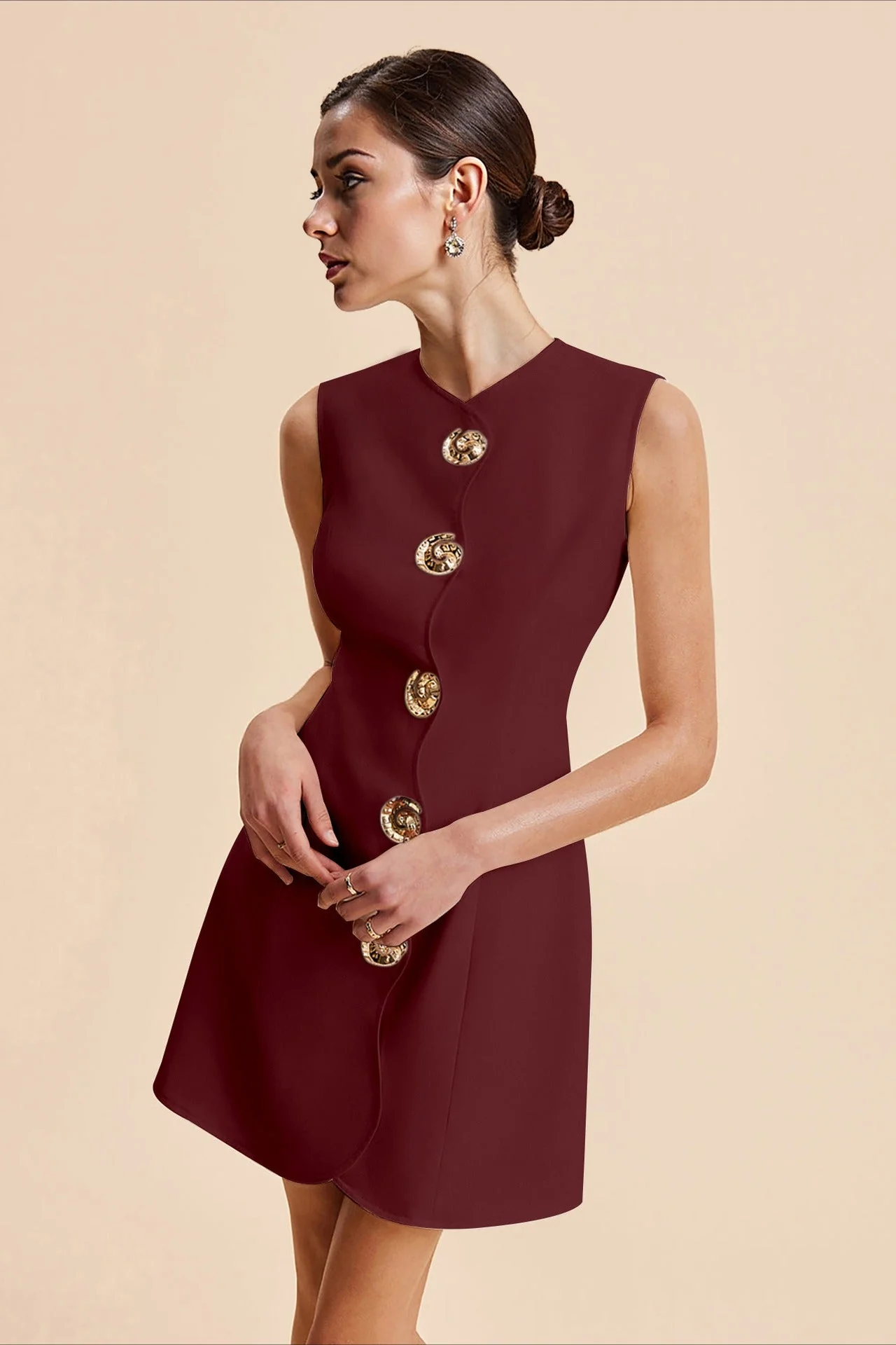 Round Neck Buttoned Solid Mini Dress - Image 6