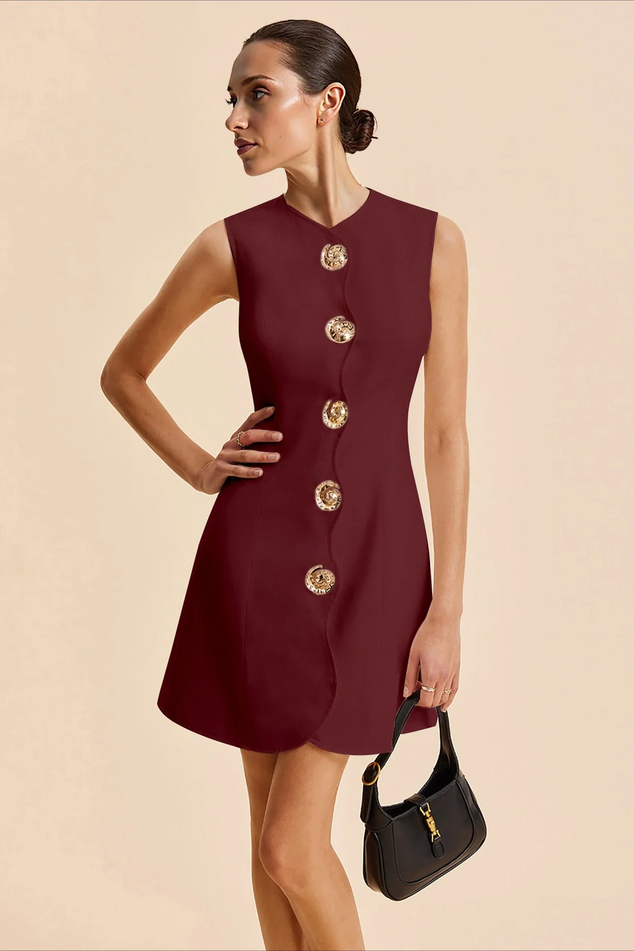 Round Neck Buttoned Solid Mini Dress - Image 7