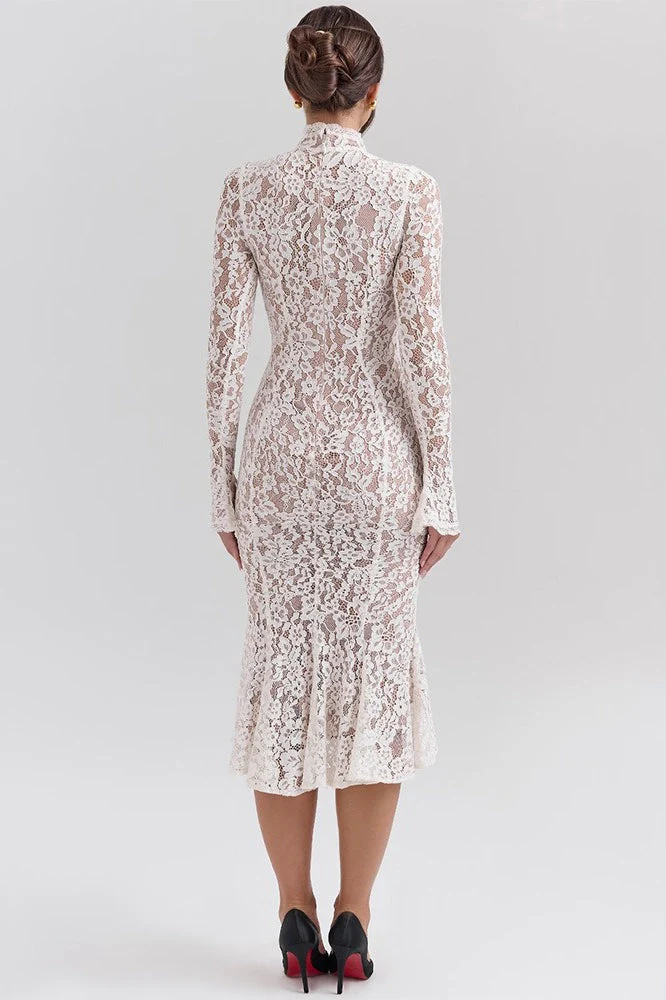 Round Neck Lace Long Sleeve Mermaid Midi Dress - Image 6