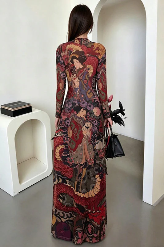 Round Neck Printed Waist Tie High Slit Maxi Dress - Image 2