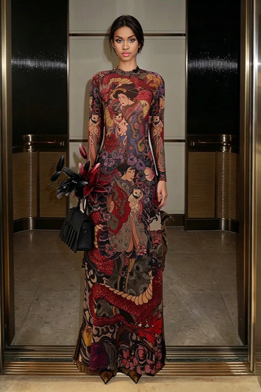 Round Neck Printed Waist Tie High Slit Maxi Dress - Image 3