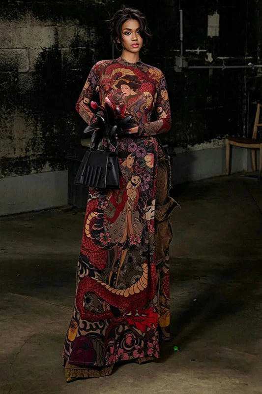 Round Neck Printed Waist Tie High Slit Maxi Dress - Image 4
