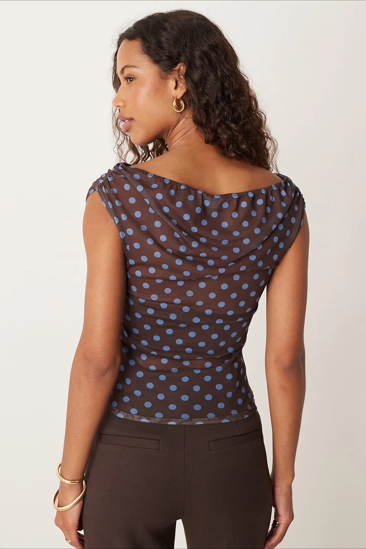 Ruched Polka Dot Mesh Short Sleeve Blouse - Image 3