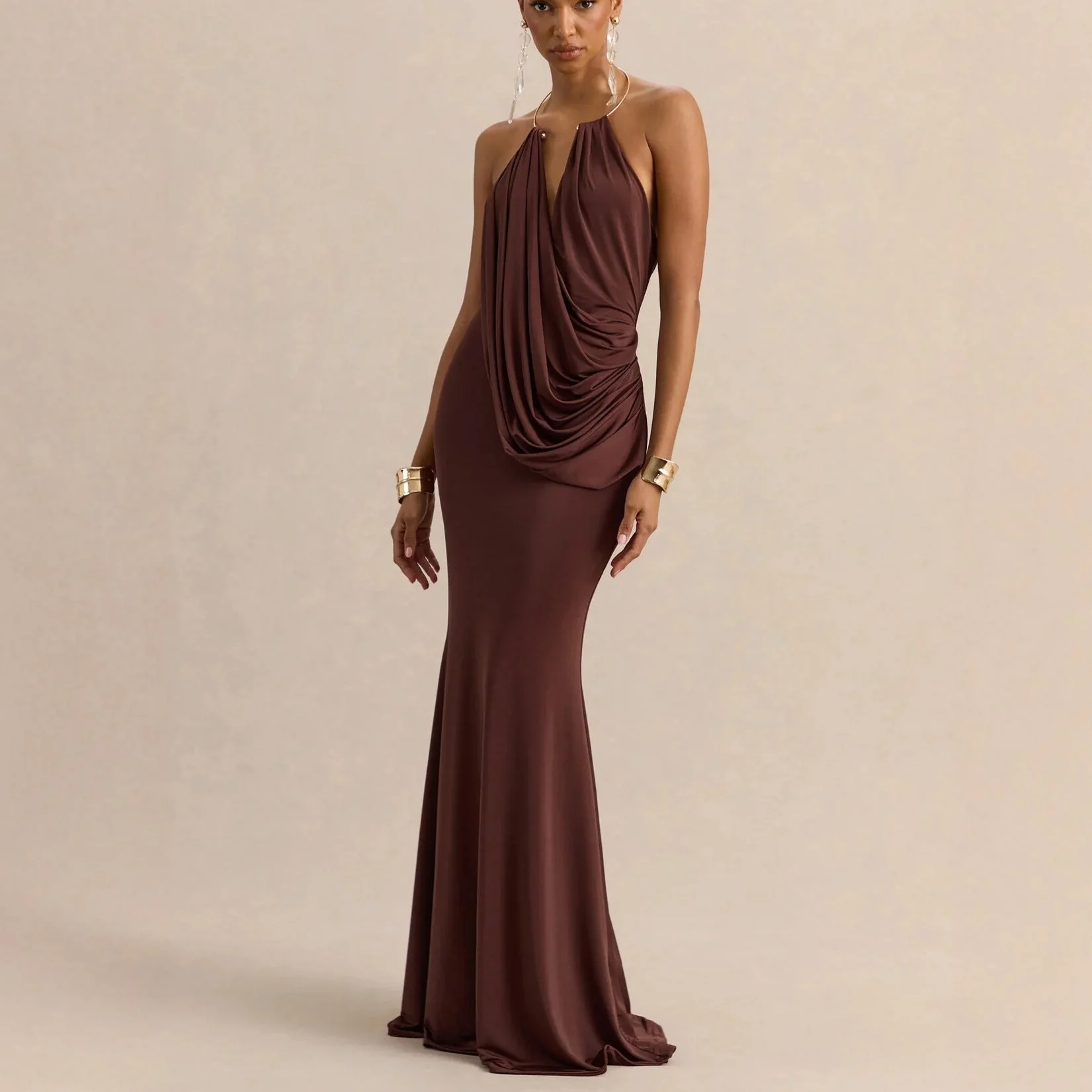 Ruffle Cowl Neck Bodycon Maxi Dress - Image 2