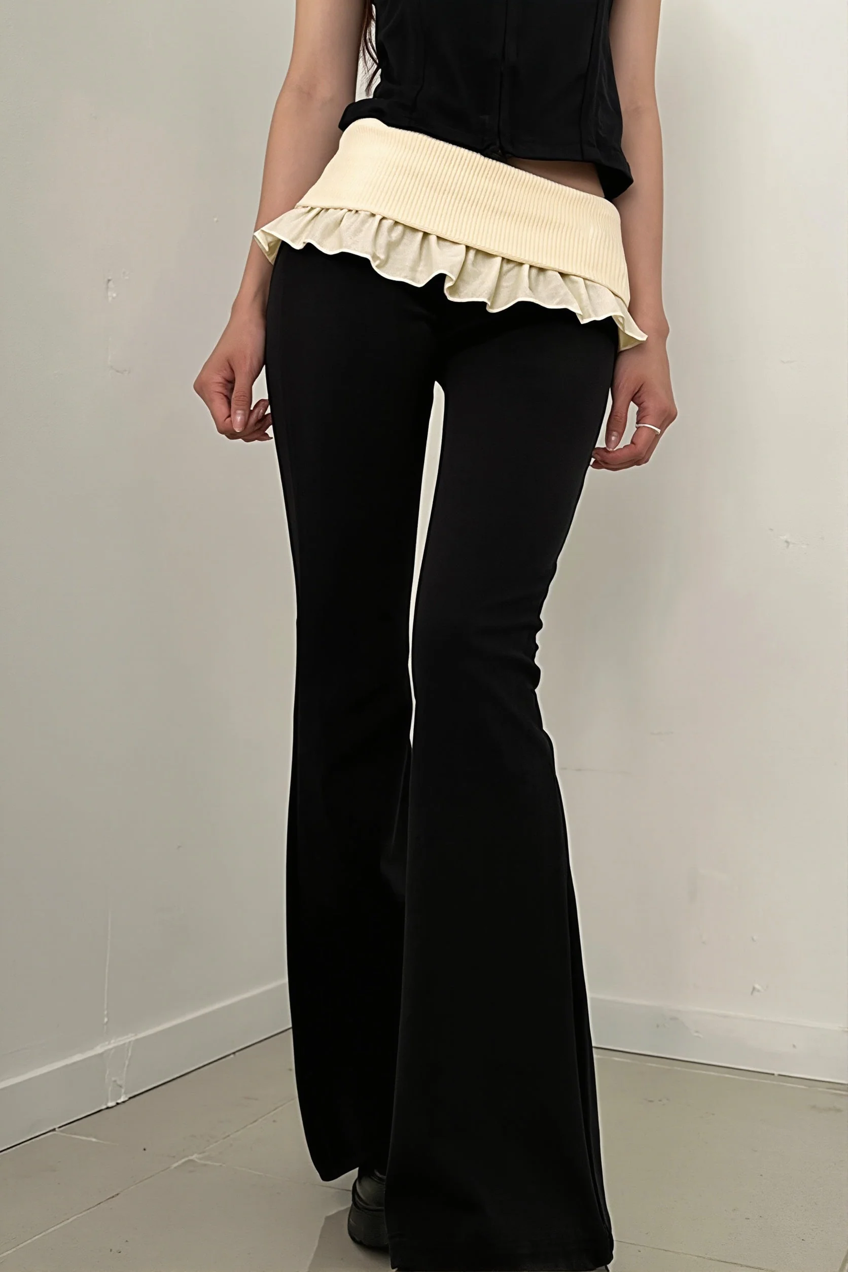 Ruffle Fold Waist Knit Flared Pants - Image 2