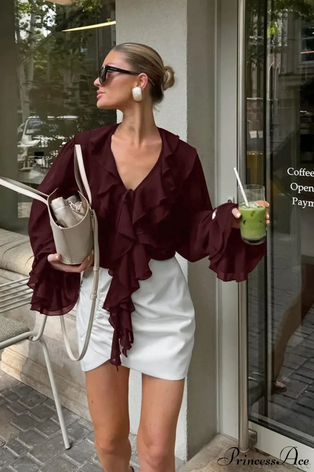 Ruffled V-Neck Long-Sleeve Tie-Waist French Blouse - Image 7