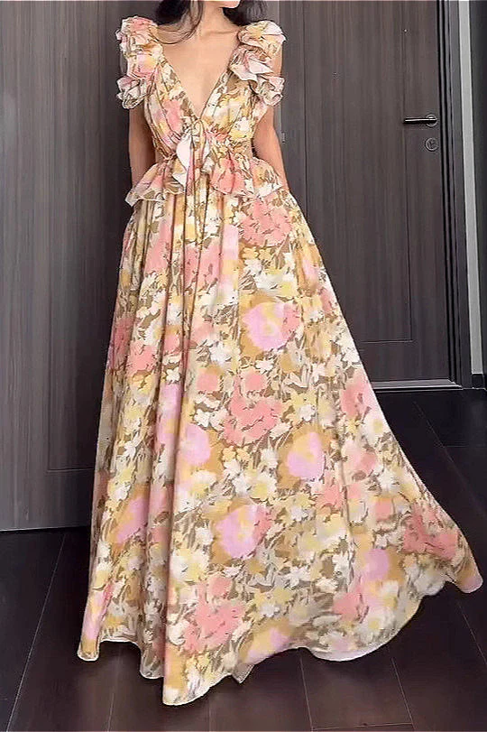 Ruffled V Neck Sleeveless Slim  Fit Floral Dress