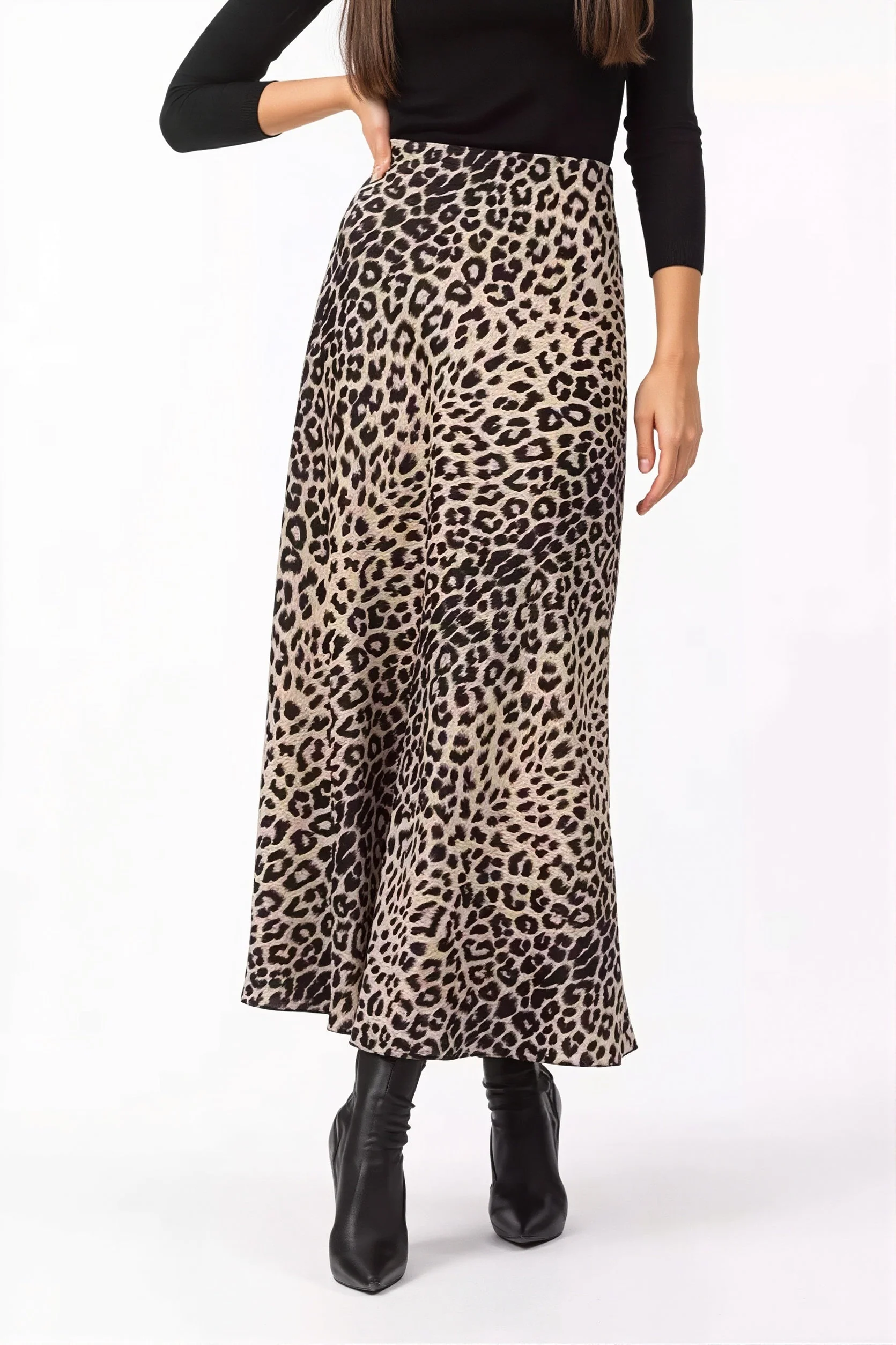 Satin Leopard Printed Elastic Waist Maxi Skirt - Image 6