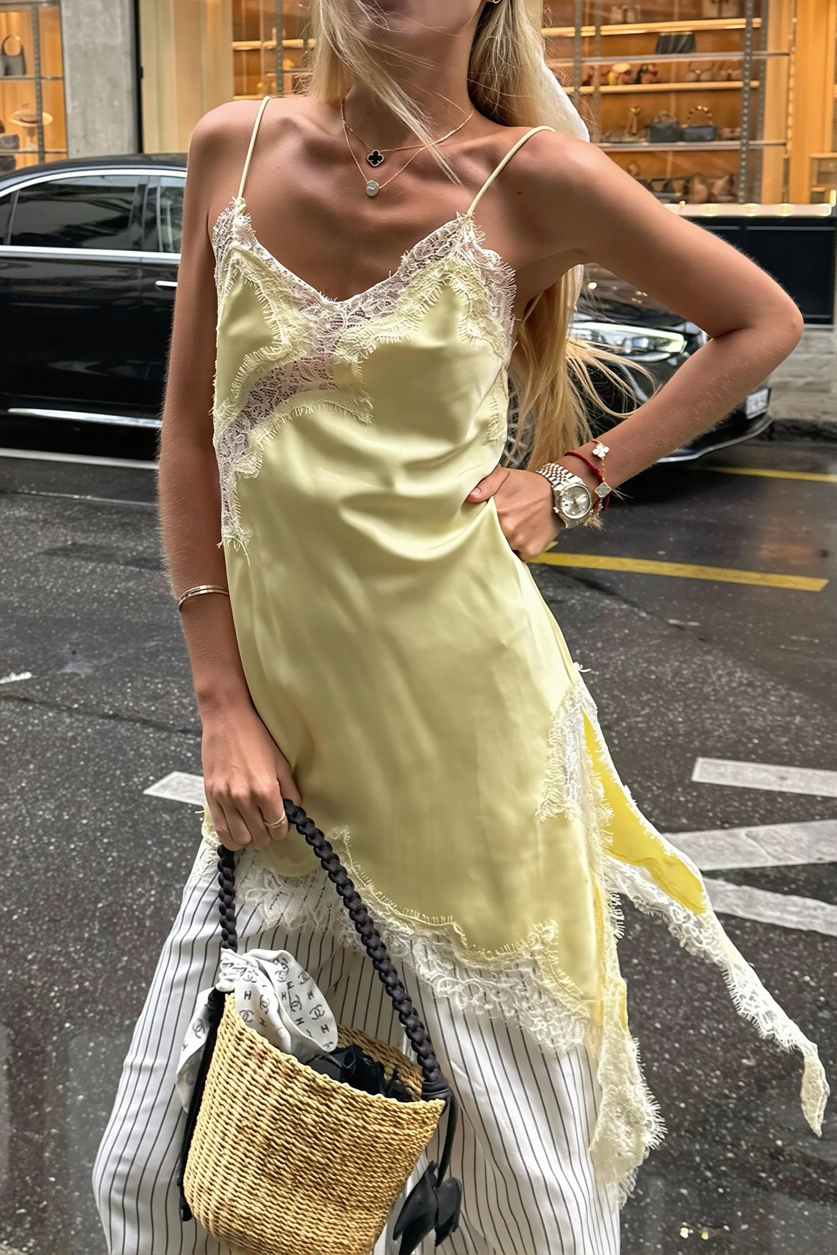 Satin Slip Dress Lace Panel Side Slit Cami Top - Image 4