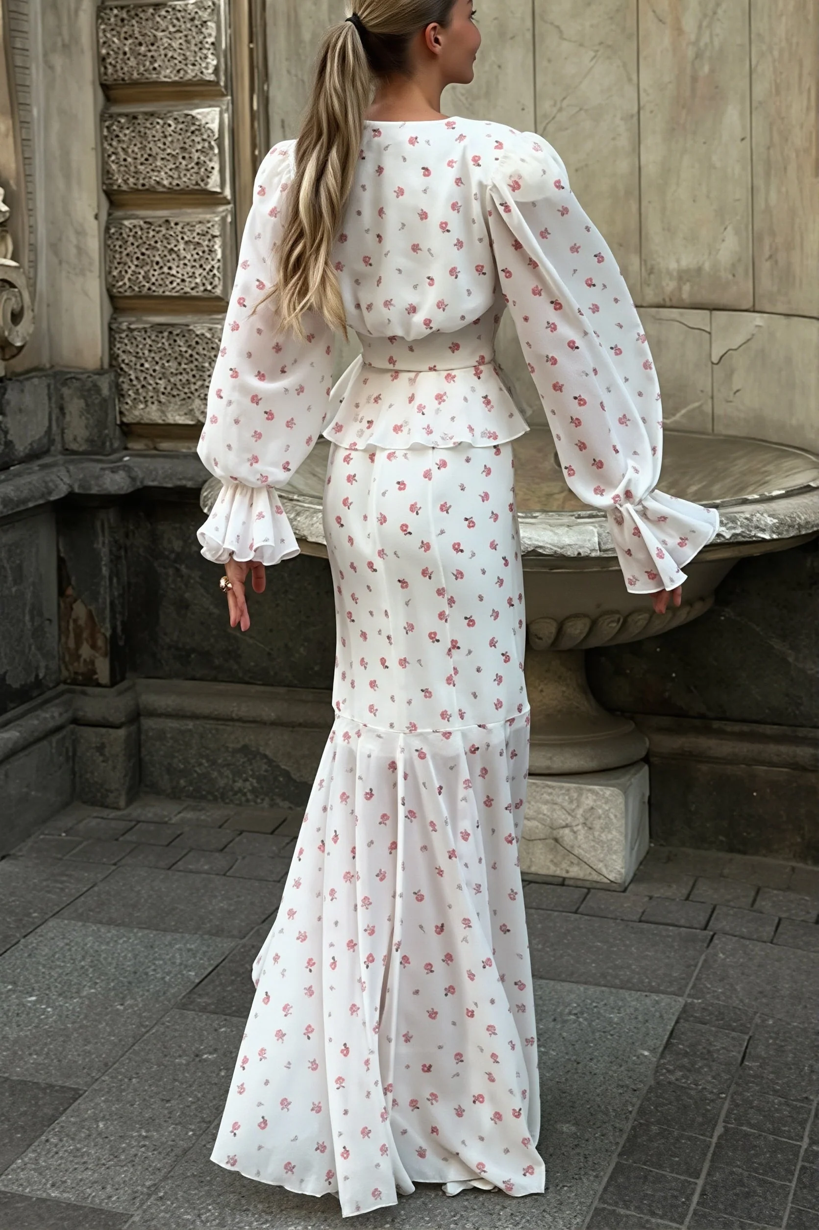 Sexy Chiffon V Neck Ruffle Sleeve Bodycon Skirt Sets - Image 4