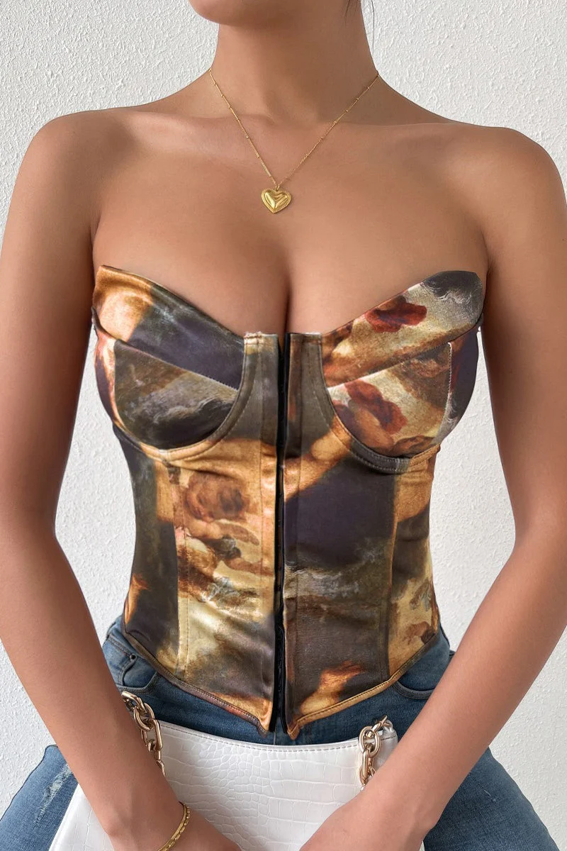 Sexy Color Block Backless Lace Up Boned Corset Blouse