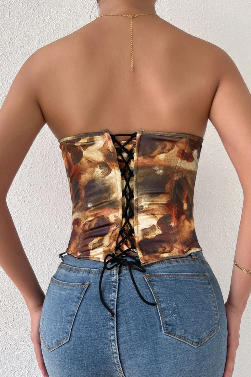 Sexy Color Block Backless Lace Up Boned Corset Blouse - Image 4