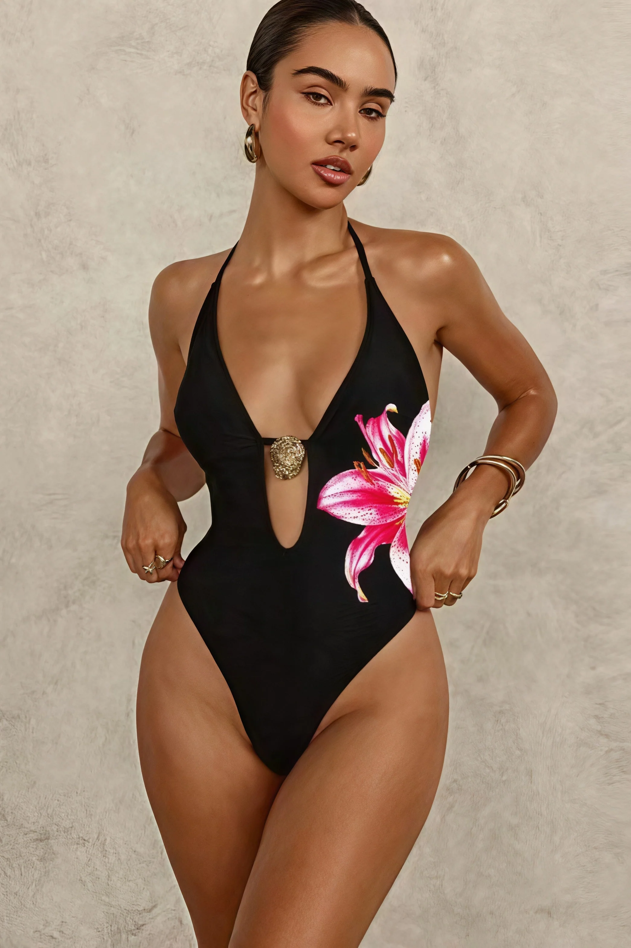 Sexy Floral Print Bikini Halter Deep V One Piece Swimwear - Image 2