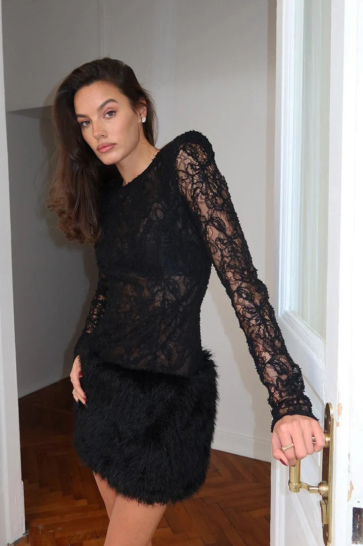 Sexy Lace Knit Slim Long Sleeve Mini Dress