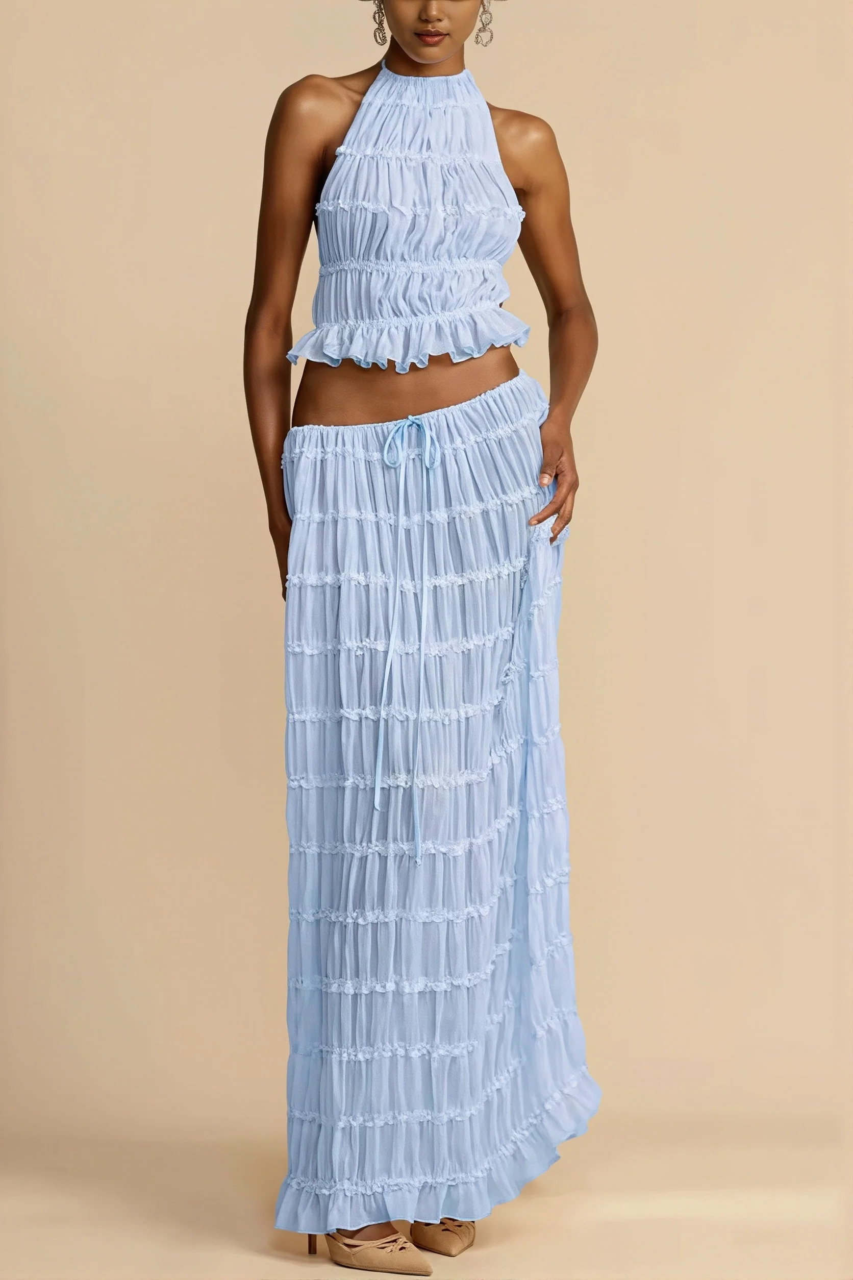 Sexy Lace Trim Halter Open Back Ruched Skirt Sets - Image 11
