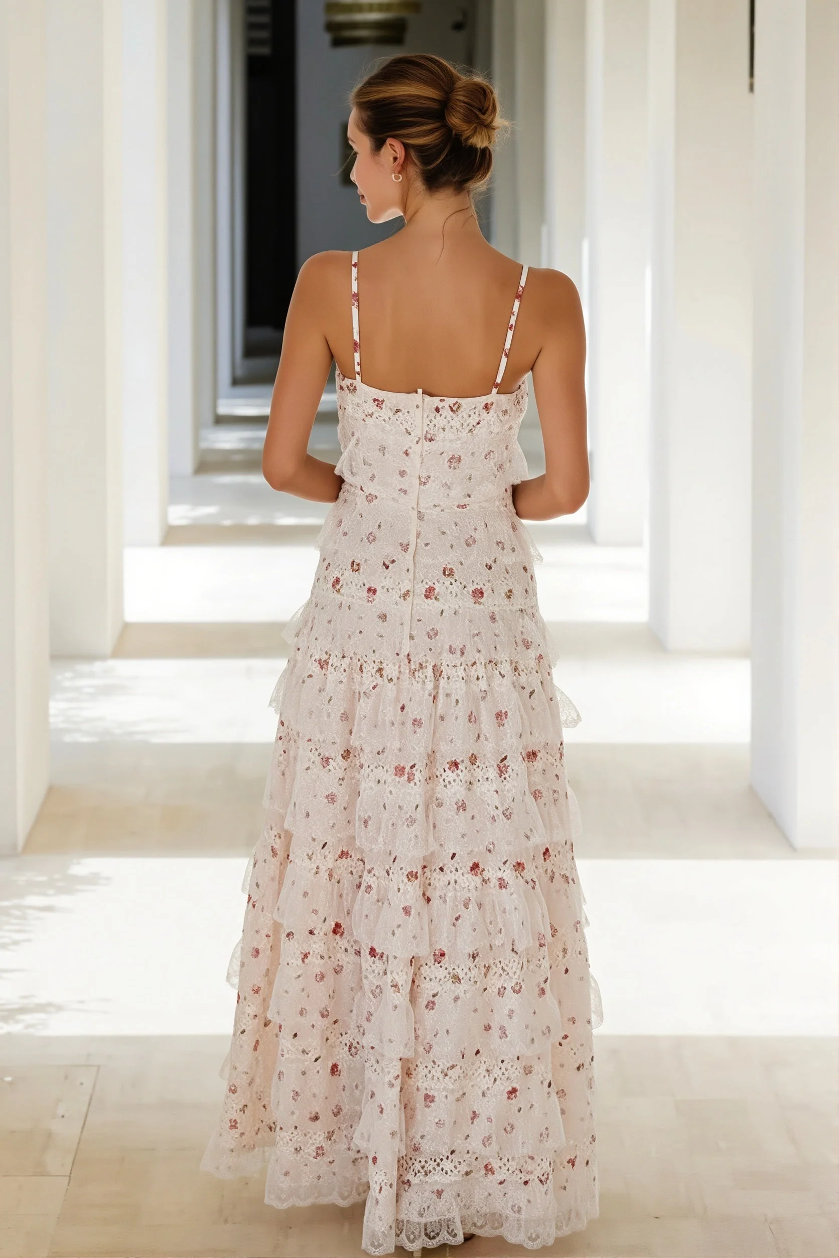 Sexy Lace Trim Print Tiered Ruffle Hem Cami Maxi Dress - Image 2