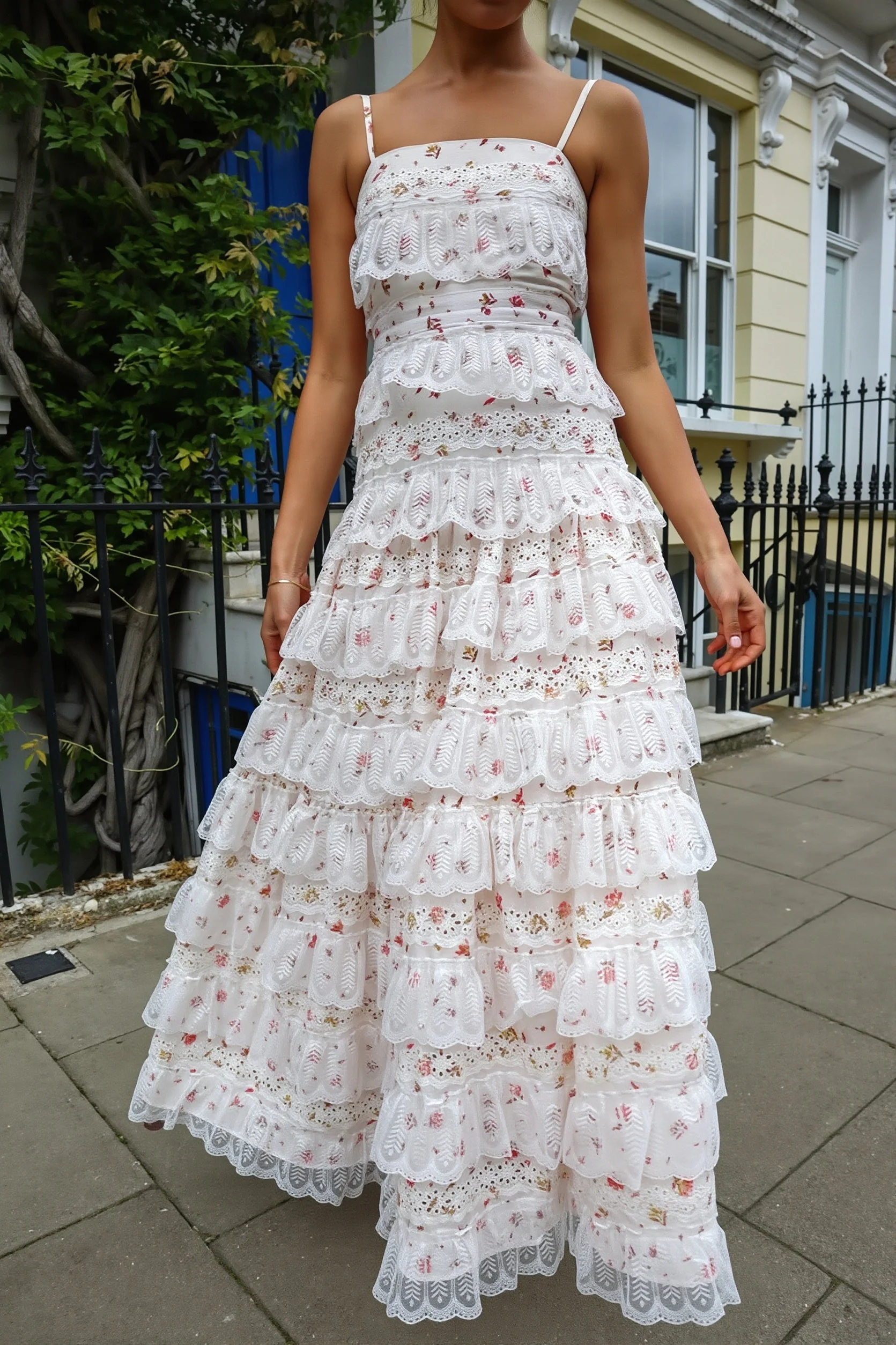 Sexy Lace Trim Print Tiered Ruffle Hem Cami Maxi Dress - Image 4