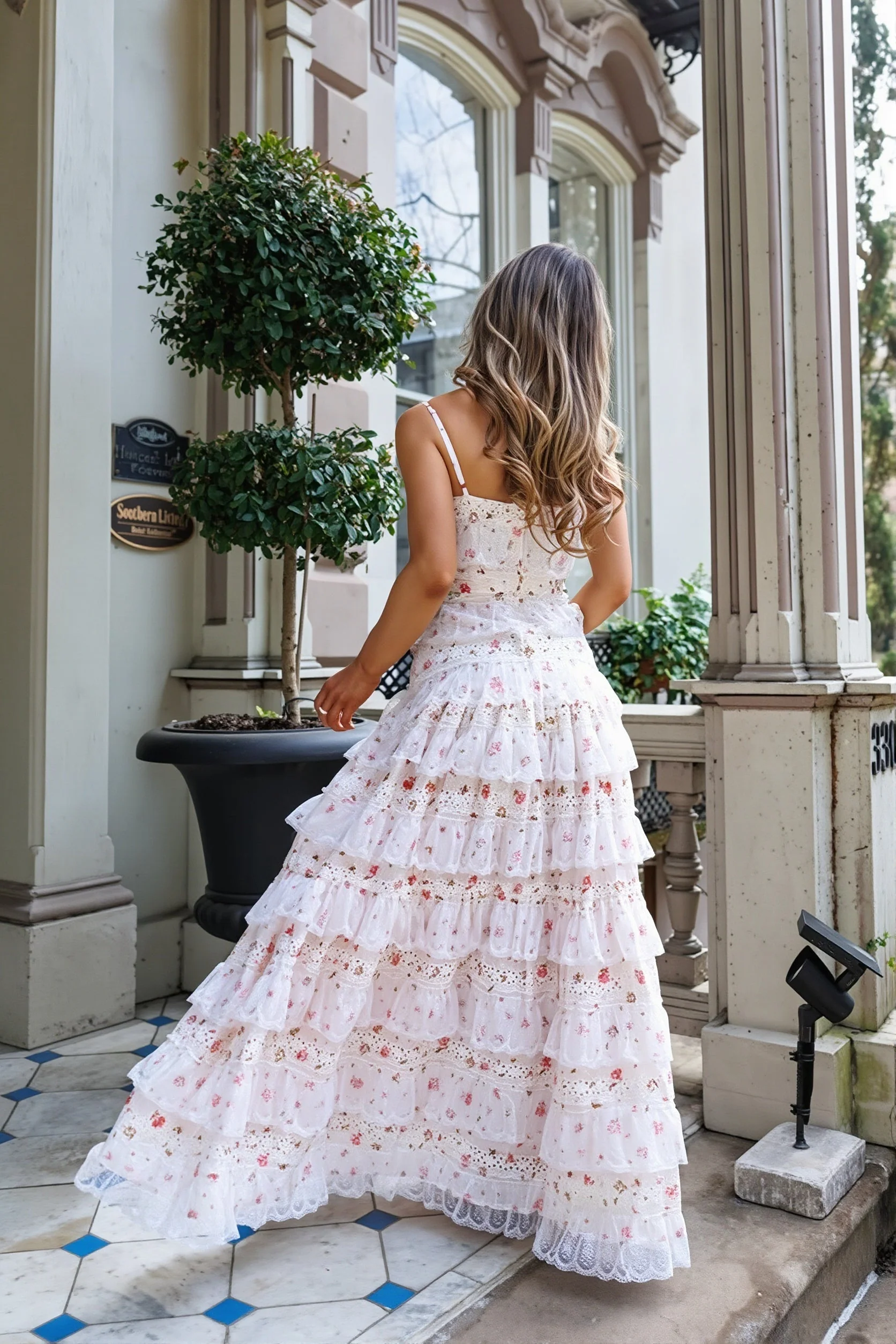 Sexy Lace Trim Print Tiered Ruffle Hem Cami Maxi Dress - Image 6