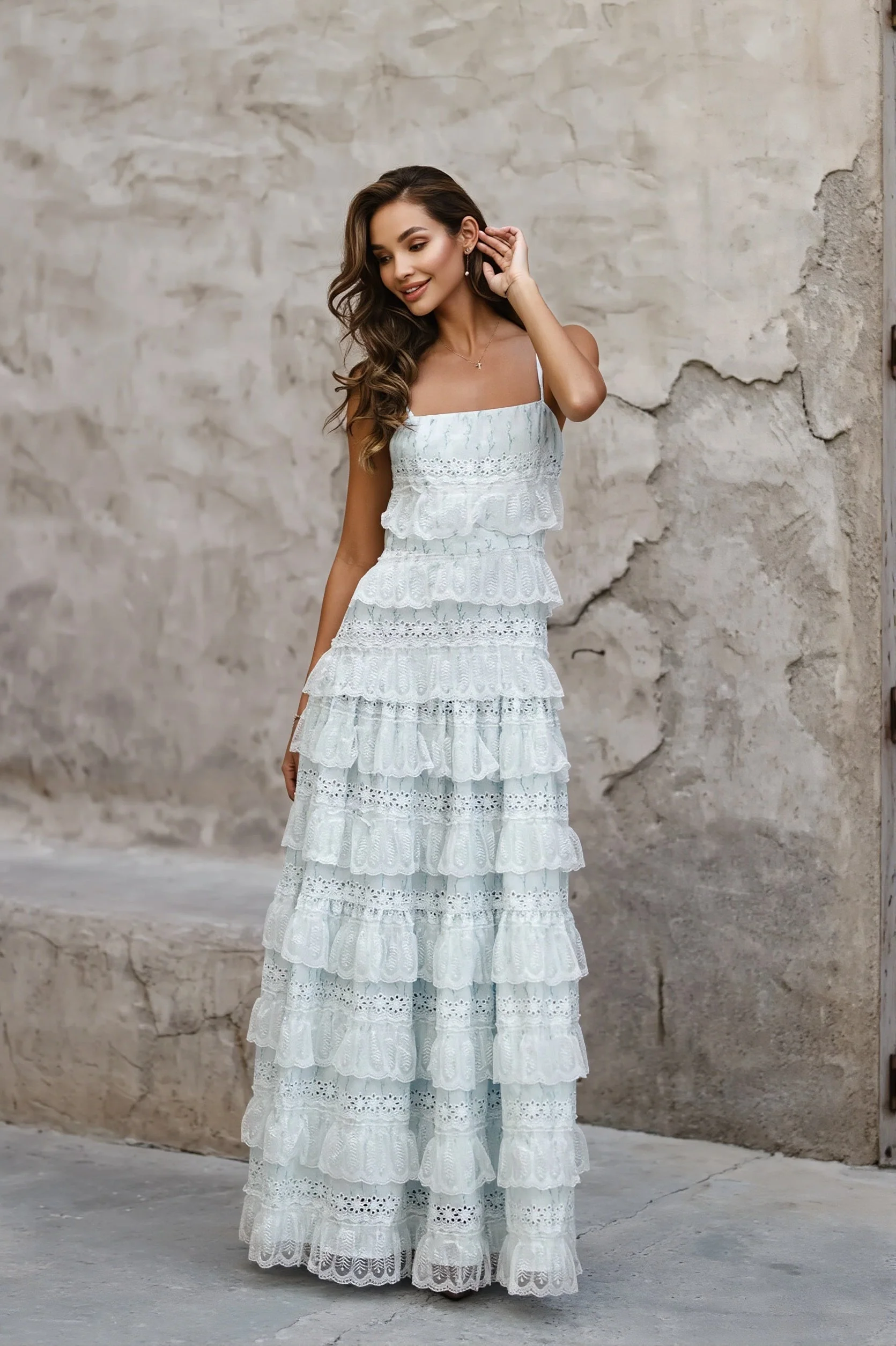 Sexy Lace Trim Print Tiered Ruffle Hem Cami Maxi Dress - Image 8