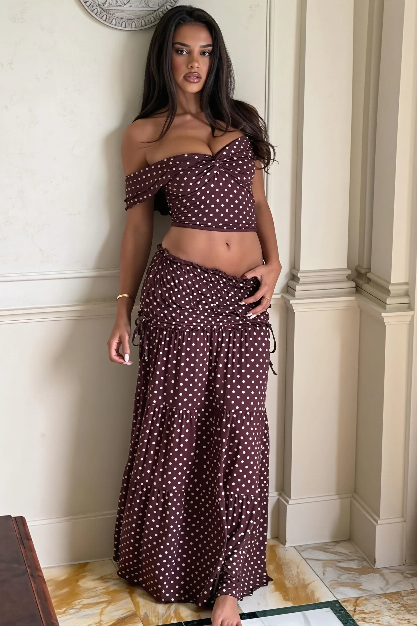 Sexy Off Shoulder Crop Top Polka Dot Fish Tail High Rise Skirt Sets - Image 6