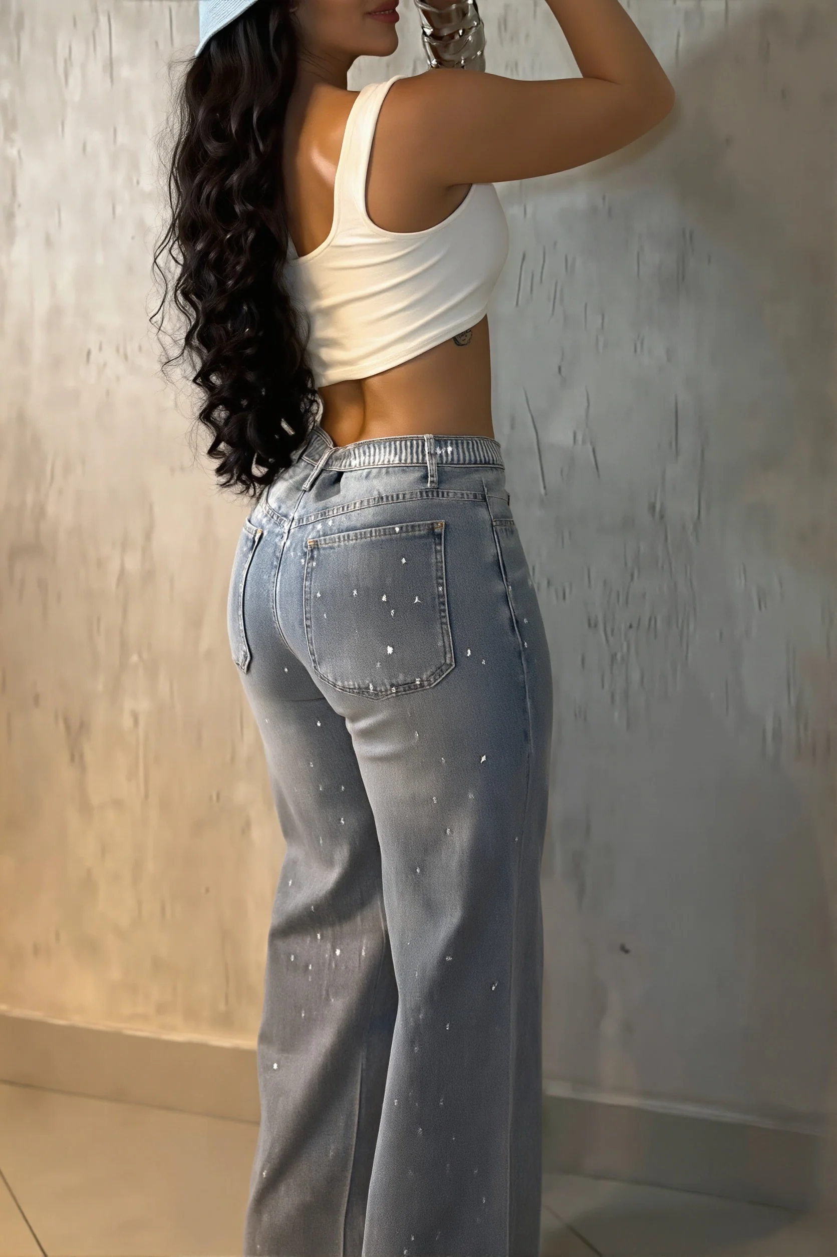 Sexy Rhinestone Belt High Waist Straight Jeans - Image 4