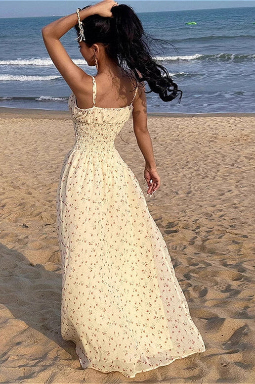 Sexy Smocked V Neck High Waist A Line Maxi Cami Floral Dress - Image 2